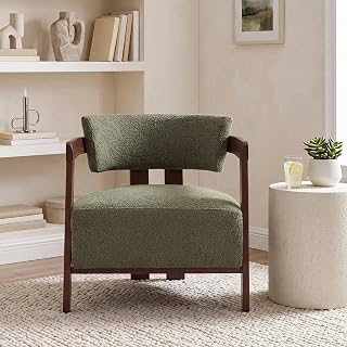 Christopher Knight Home Kirk Mid-Century Modern Accent Chair, Boucle Upholstered Club Chair with Rubber Wood Open-Frame, Comfy Reading Chair for Living Room Bedroom, Olive + Walnut