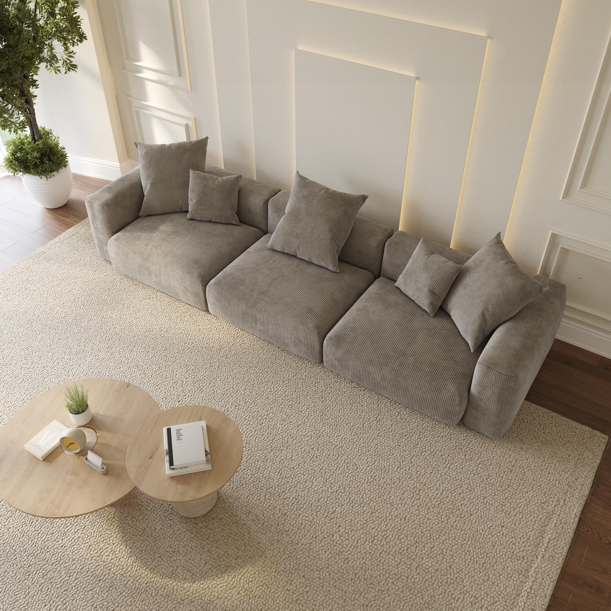 WJShome Modular Sectional Sofa Couch,141.73inch Oversized 3 Seater Sofa,Upholstered with Corduroy Fabric Couches with 5 Pillows,Cushion Covers