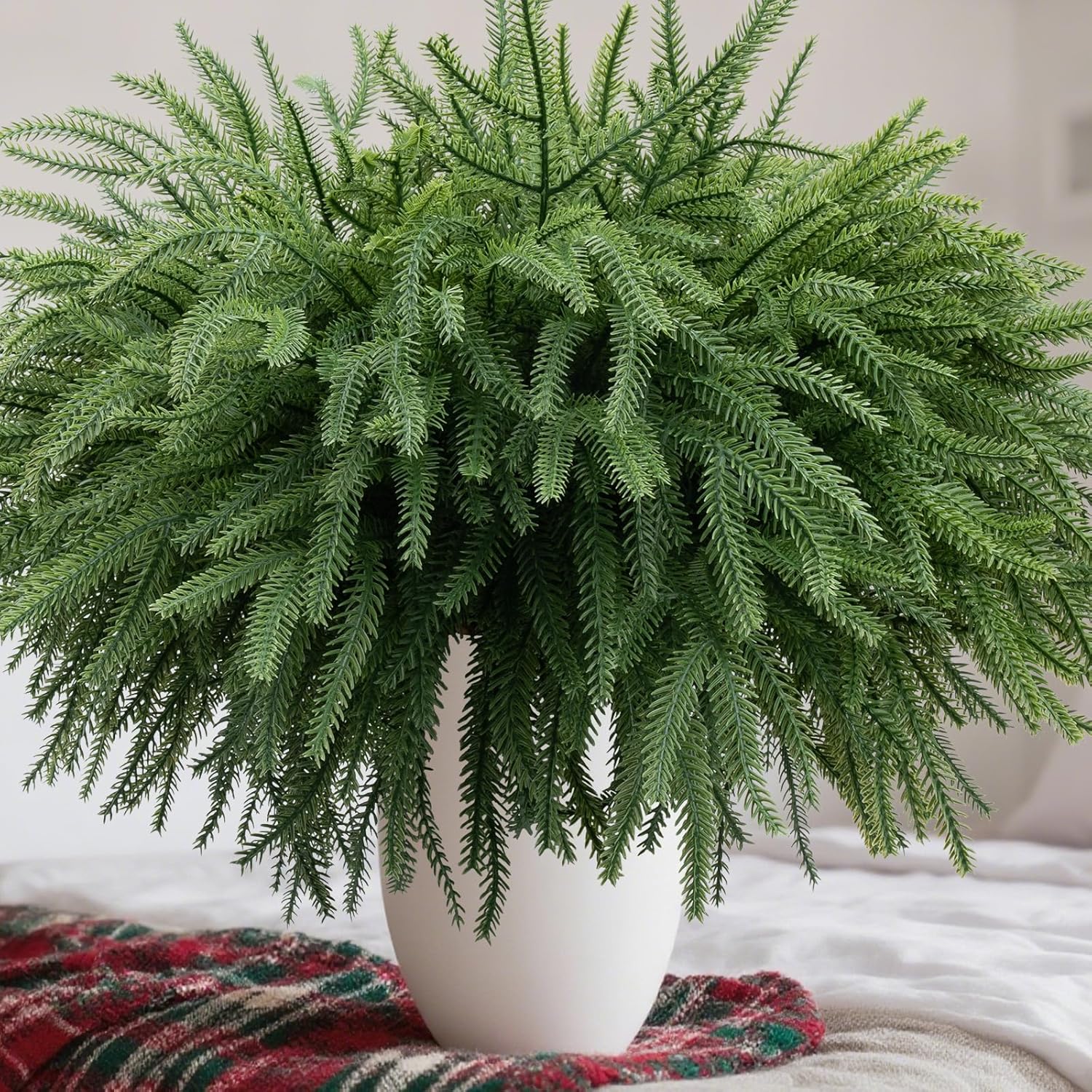 8 Pcs Real Touch Norfolk Pine Branch -18" Artificial Christmas Green Plants Branches Faux Greenery Stem Fake Cedar Pine Picks for Vase DIY Crafts Garland Wreath Xmas Indoor Outdoor Home Decor (8pc)