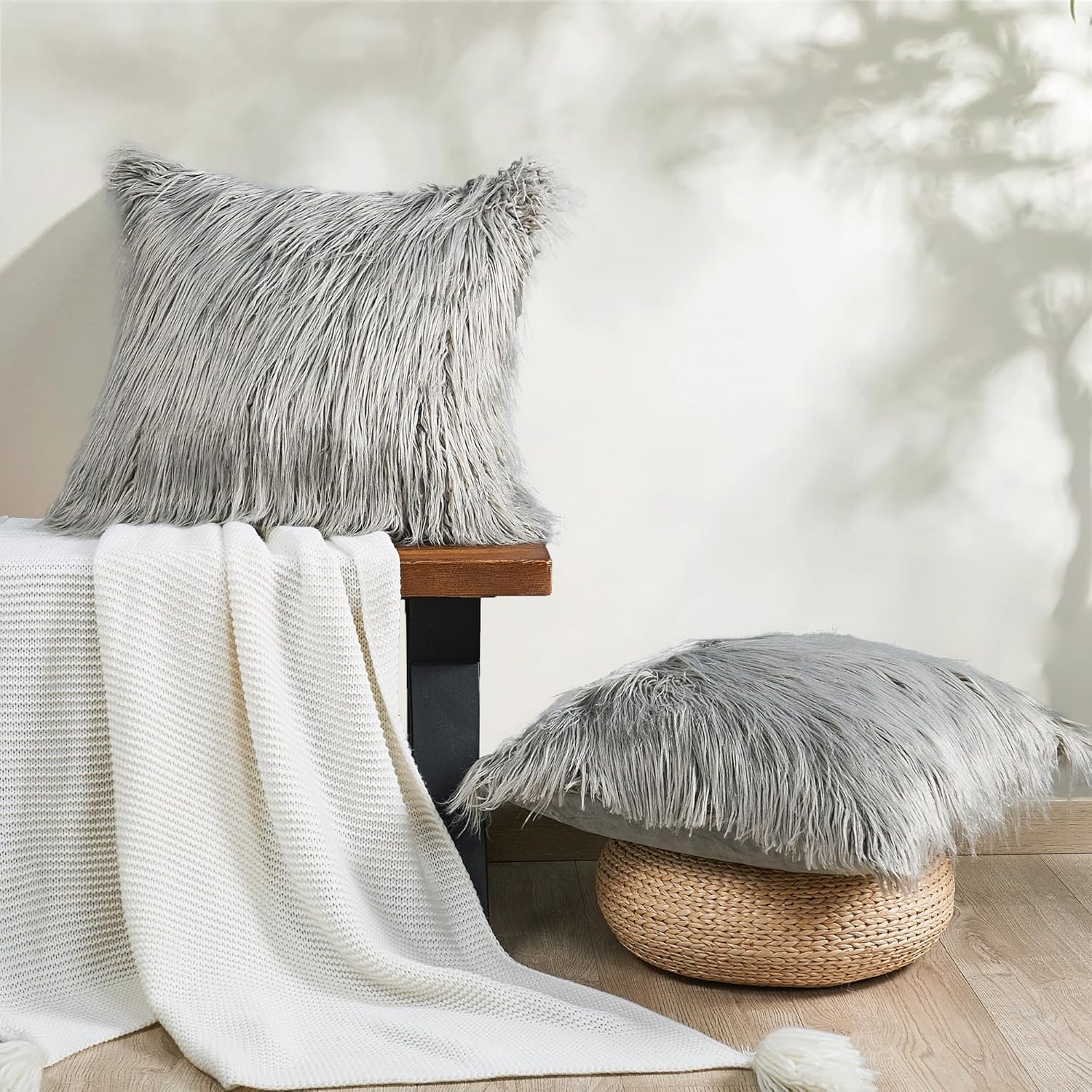 Home Soft Things Mongolian Faux Fur 2 Piece Pillow Shell Set, Grey, 20" x 20"