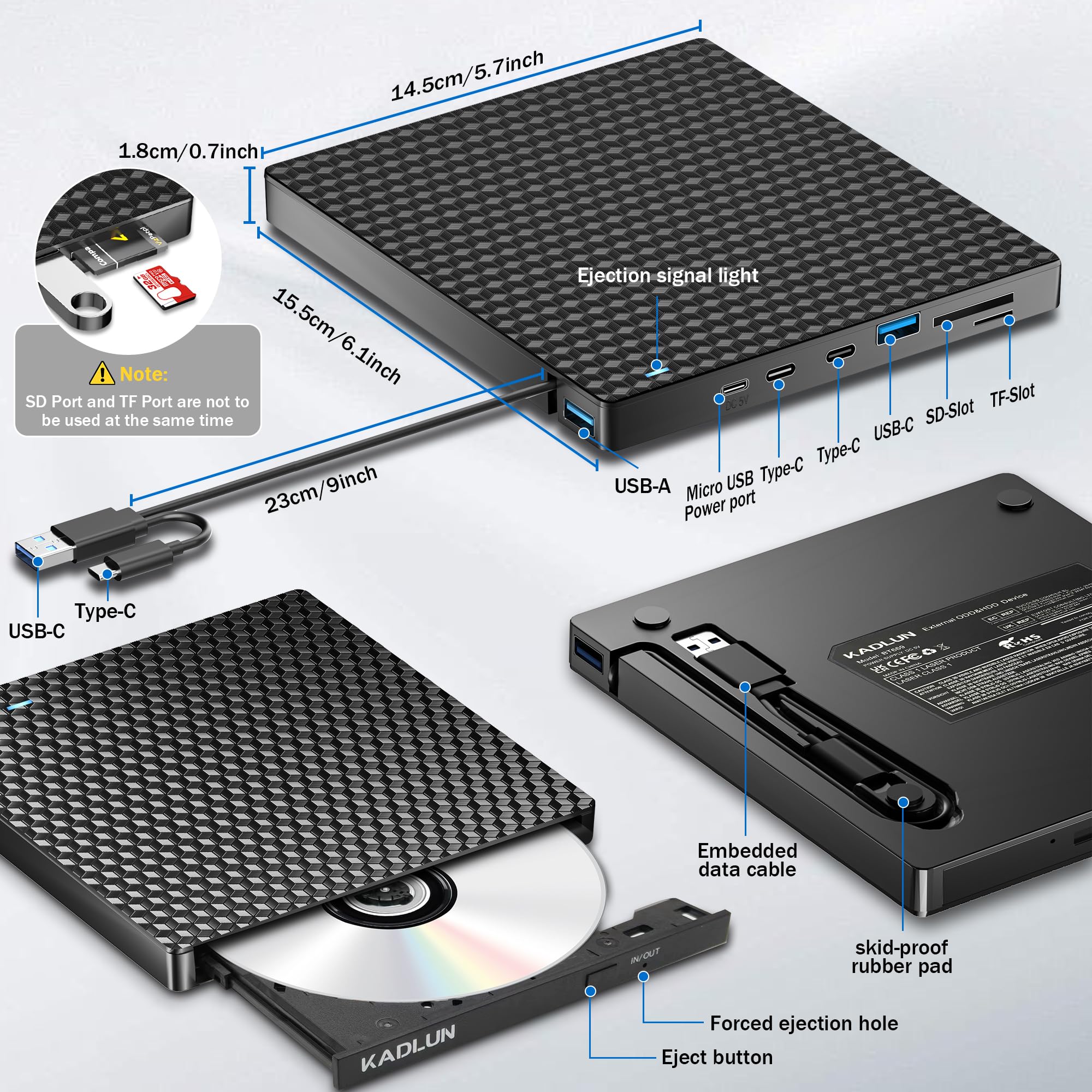 Unità CD DVD esterna per laptop, lettore ottico USB 3.0, 4 porte USB e 2 slot per schede TF/SD, masterizzatore CD/DVD portatile CD ROM esterno per computer portatile desktop PC Windows 11/10/8/7/XP