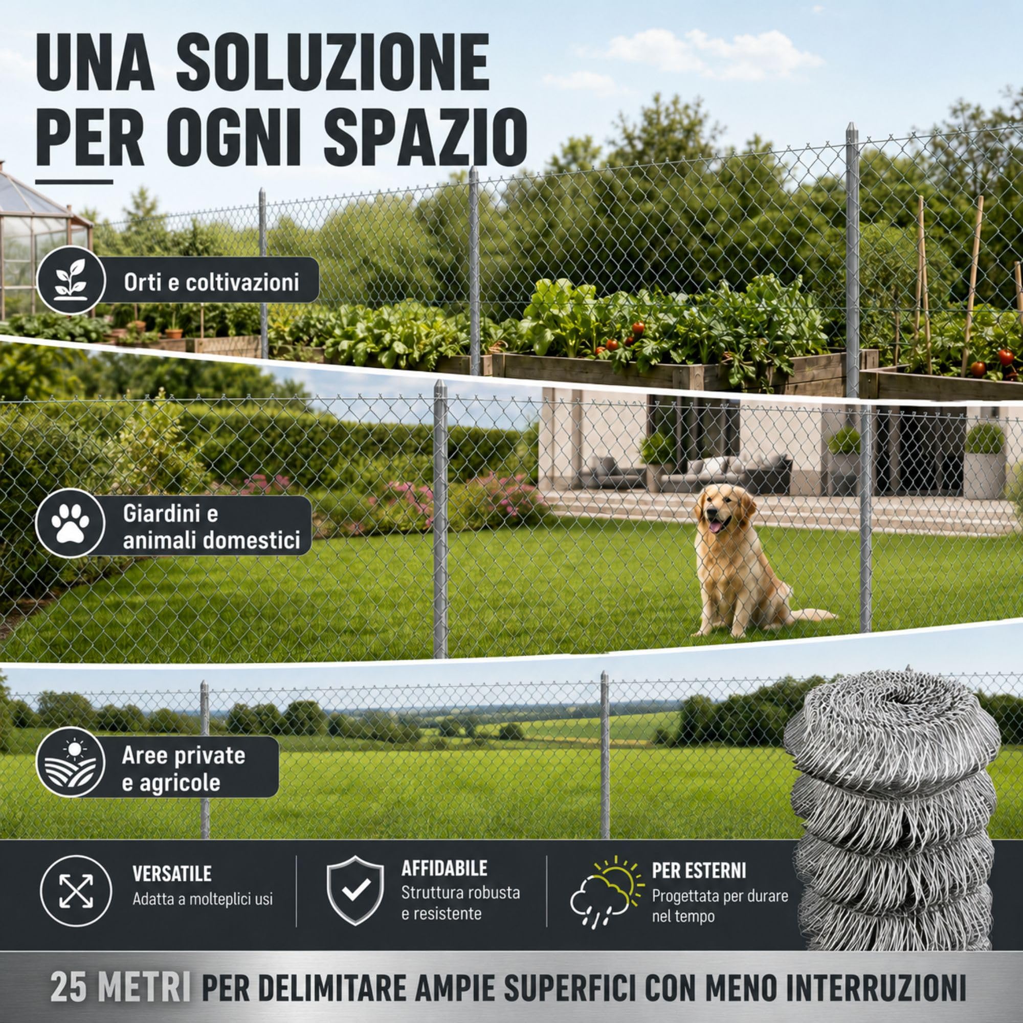 ITALFROM - Rotolo 25 Metri Rete Metallica Zincata per Recinzioni (H 175 cm) Rete Elettrosaldata Grigia a Maglia Sciolta 50x50mm con Diametro Filo 1,8mm, Rete da Giardino per Recinzione Rigida 2396