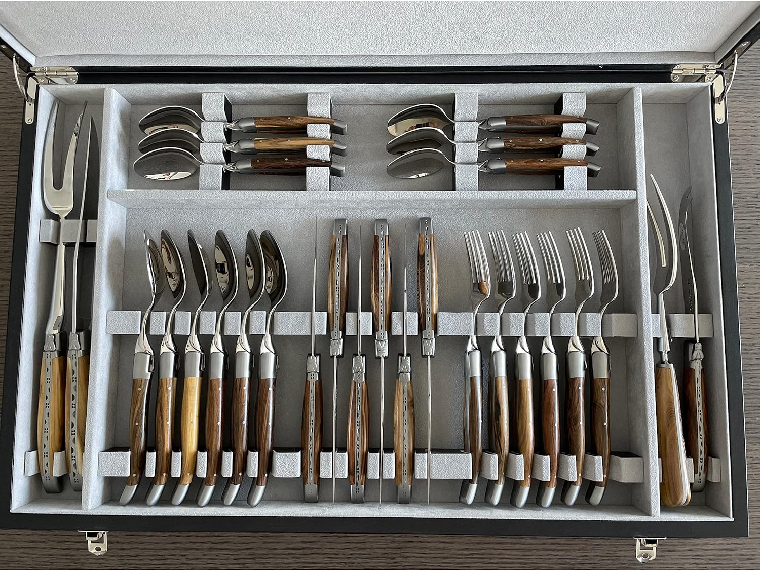 Laguiole en Aubrac Luxury 28-Piece Flatware Set With 6 Fully Forged Steak Knives, 6 Forks, Carving Set, Cheese Set, 6 Soup Spoons & 6 Tea Spoons, Pistachio Wood Handles, Stainless Steel Matte Bolsters