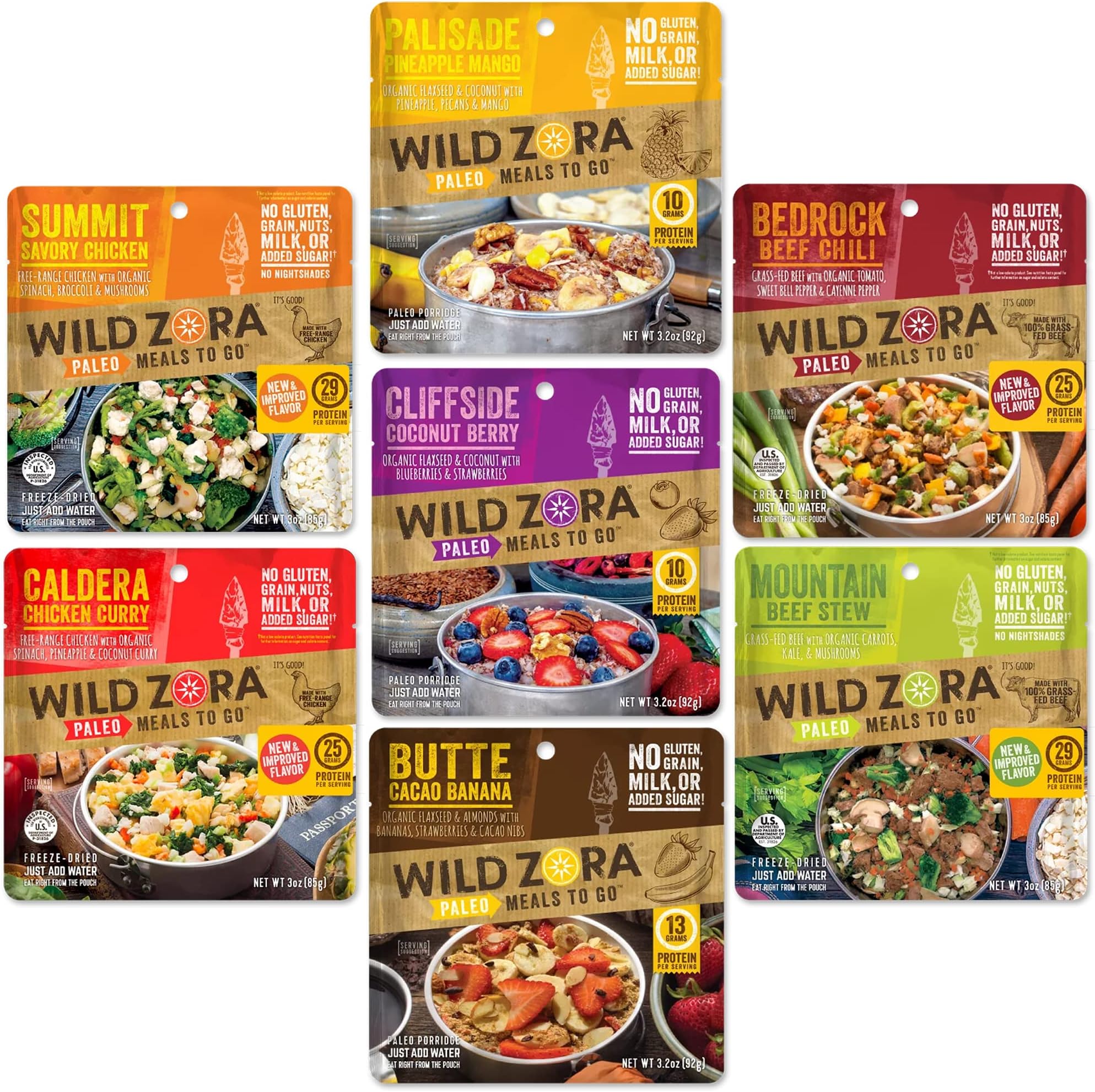 Paleo Freeze Dried Meals for Backpacking & Camping - Healthy Gluten Free & Grain Free Camping Meals/Backpacking Food + No Added Sugar - Includes Breakfast & Dinner Options (Variety 7-pack)