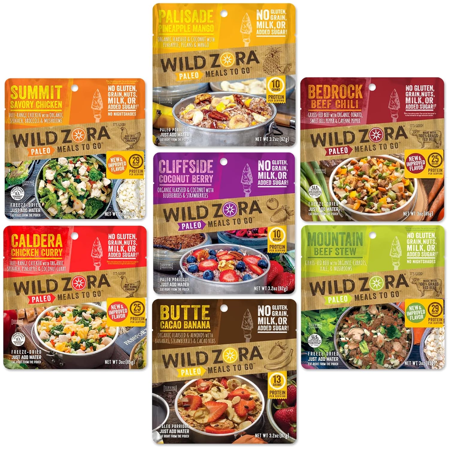 Wild Zora Paleo Freeze-Dried Meals Variety 7-Pack: Gluten-Free Grain-Free Backpacking Camping Food No Added Sugar