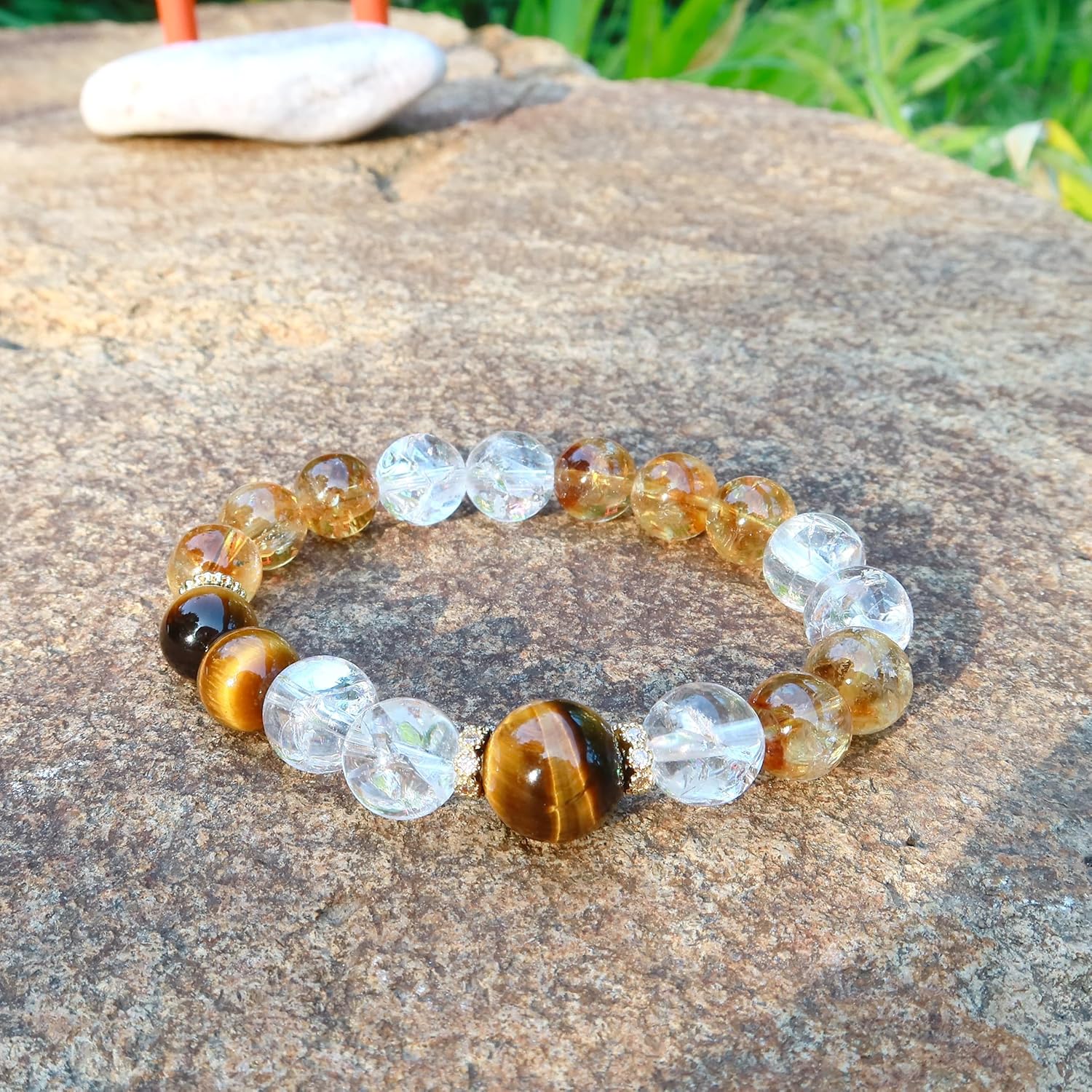 Natural Tiger Eye Citrine Azeztulite Clear Crystal Beads Bracelet, Healing Crystals Jewelry Handmade Stretch Adjustable Bangle, Gift for Him Her - Image 9
