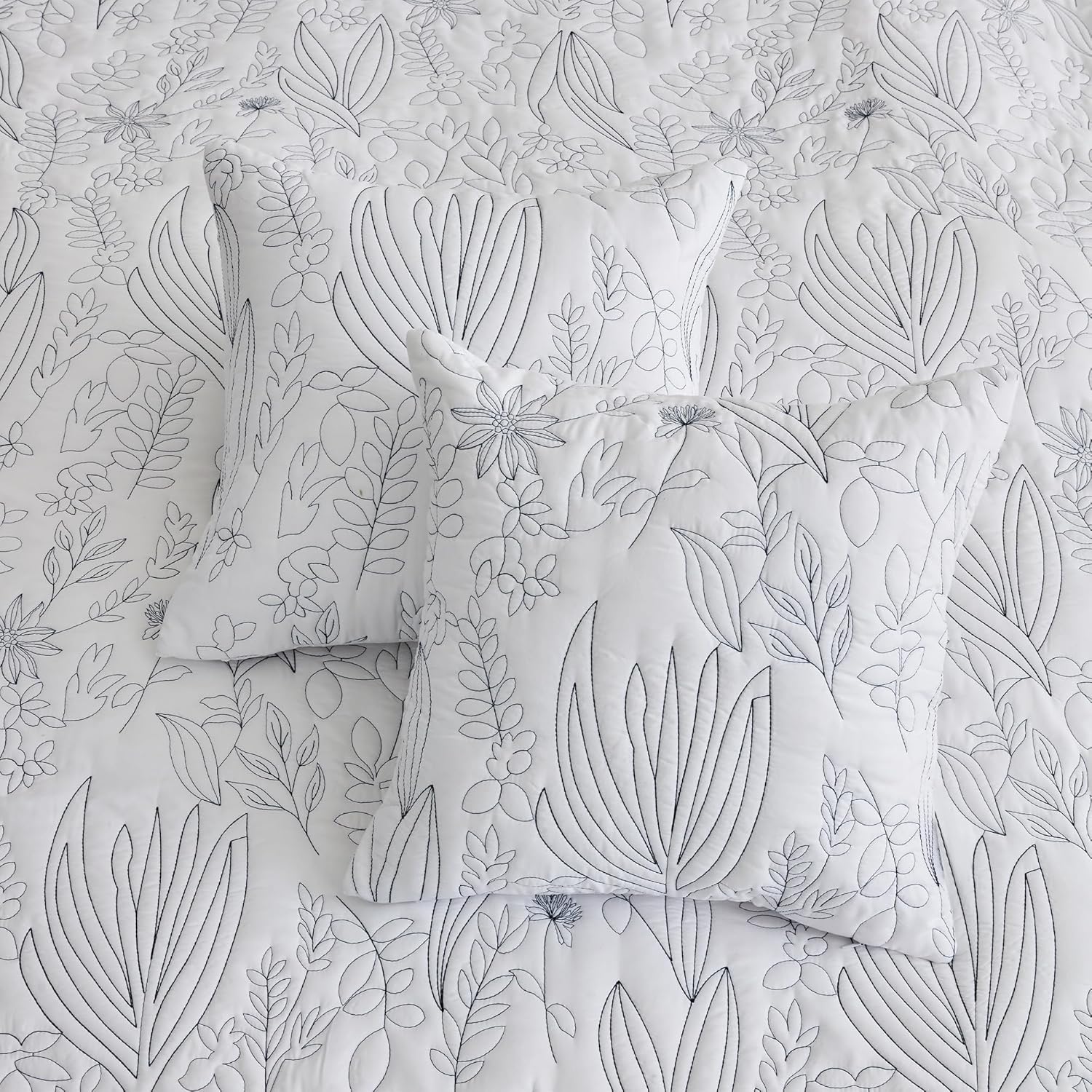 CHIXIN Botanical Oversized Bedspread King Size - Leaves Pattern Stitching Quilt Set - Elegant & Fresh Style Bedding Coverlets, Reversible, Lightweight, 5 Piece, White - Image 9