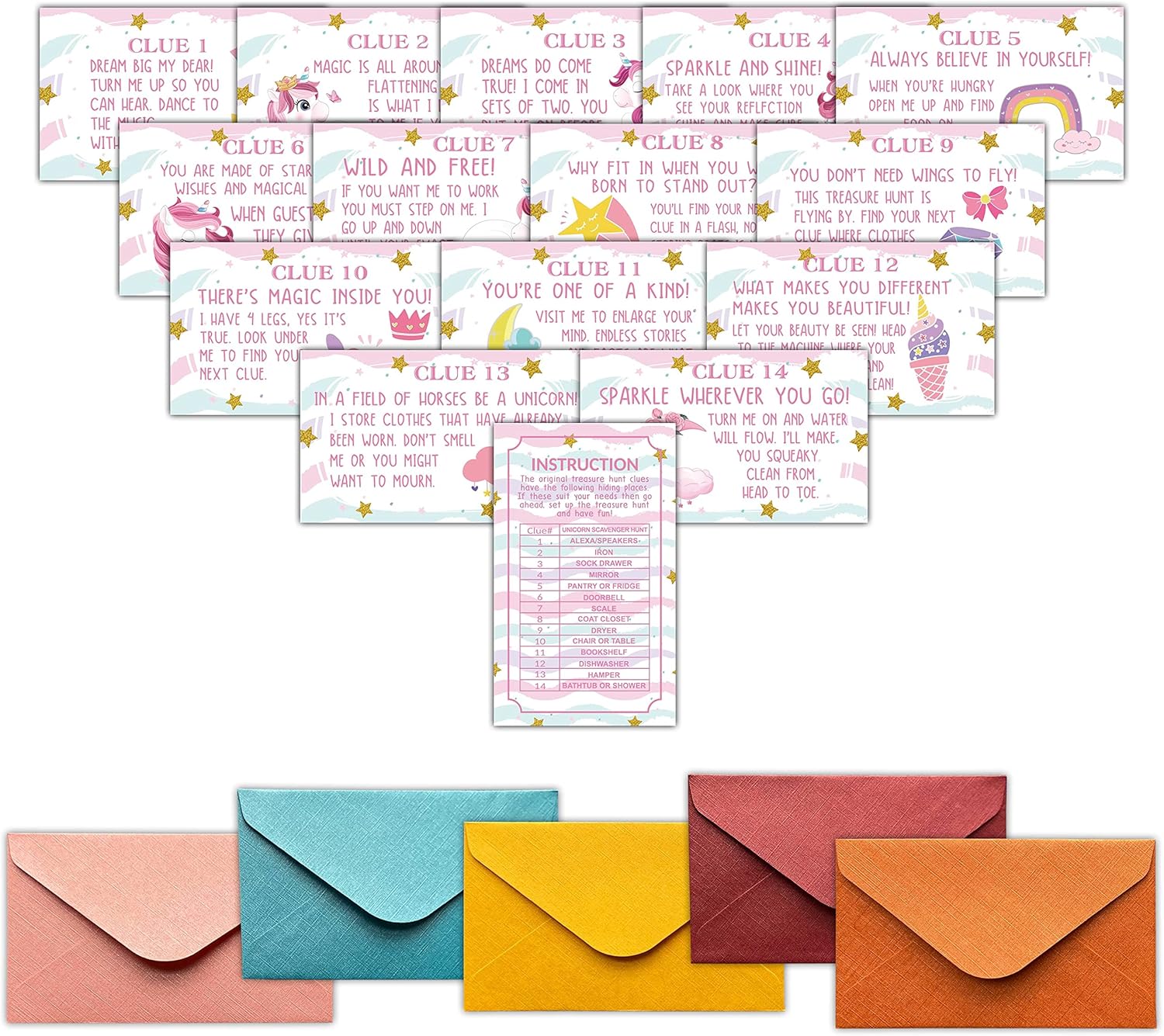 Birthday Treasure Hunt Clues Game Cards, Birthday Party Scavenger Hunt Card Game(15 Cards With Colourful Envelopes), Indoor Ourdoor Children's Day Party Activities, Birthday Party Decorations(02)
