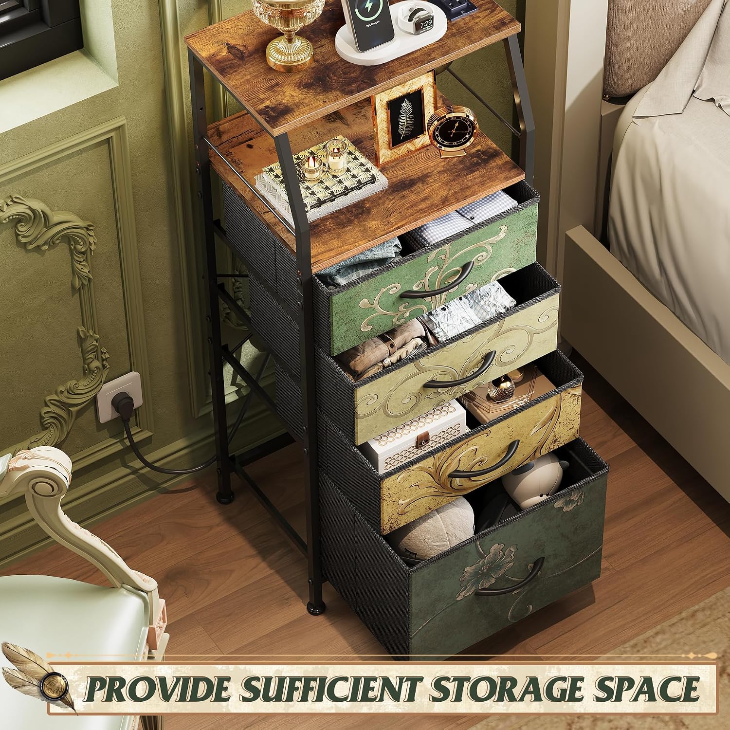 Image showing the dresser with its fabric drawers, highlighting storage capacity.