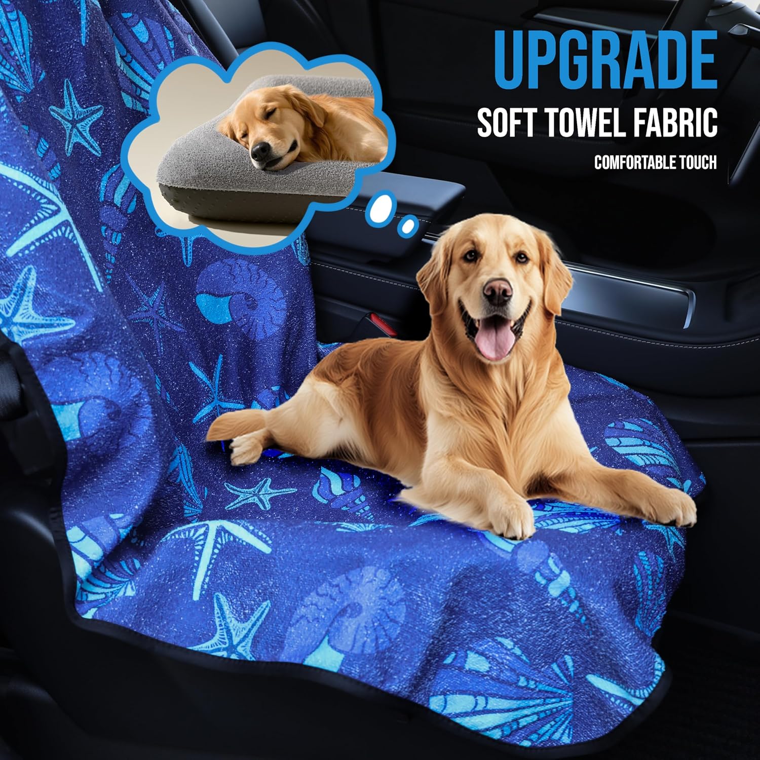 Waterproof Stain Resistant Towel Car Seat Cover，Universal Non-Slip for Car, Truck, SUV, Van Seat for Gym Workout,Swimming,Beach and Workout Outdoor ， Machine Washable (2Pack, Conch Shells Starfish)