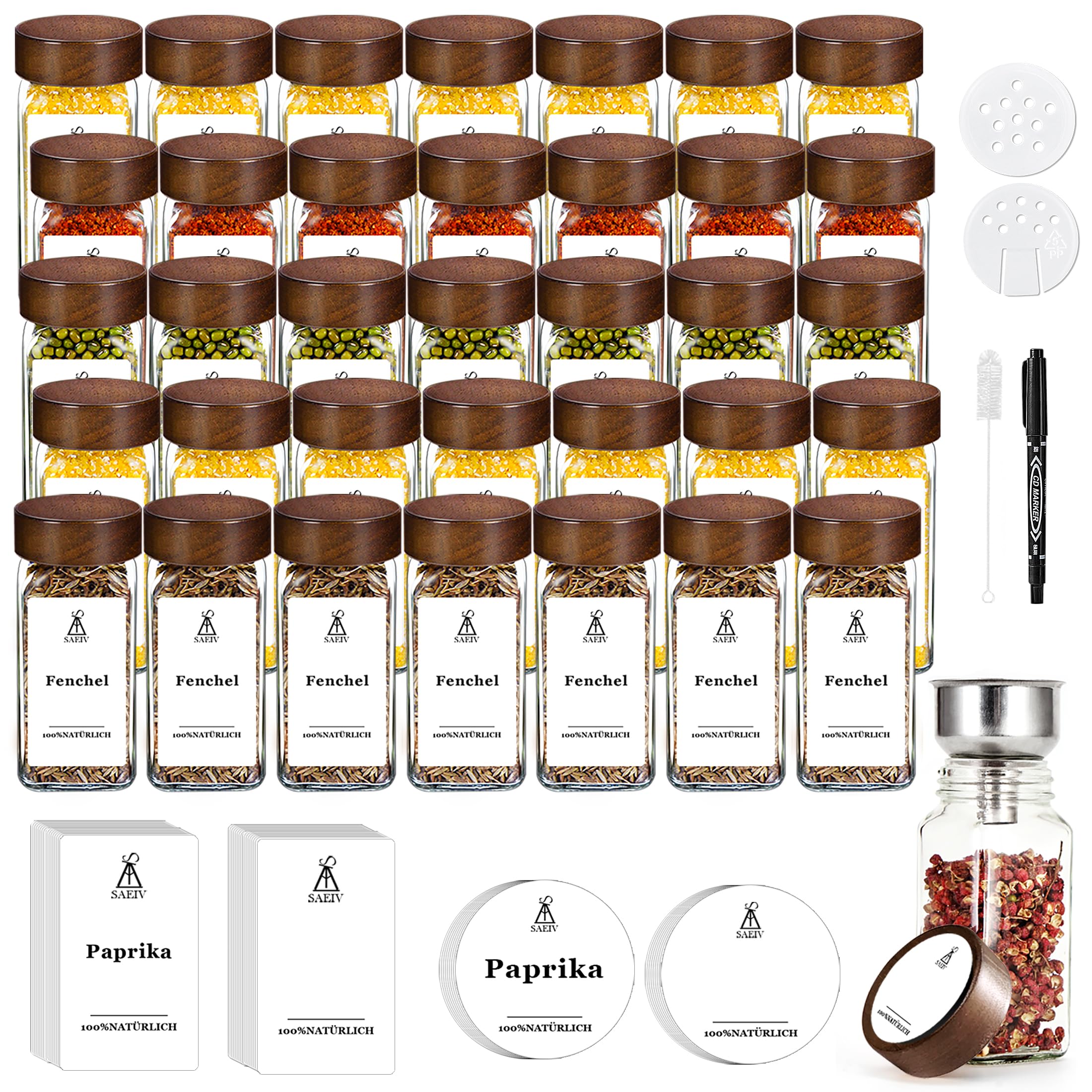 Lot de 24 pots à épices carrés de 120 ml - Pots à épices en verre borosilicaté de qualité alimentaire - Couvercles en bois de acacia - Étiquettes imperméables bicolores incluses - rangement cuisine