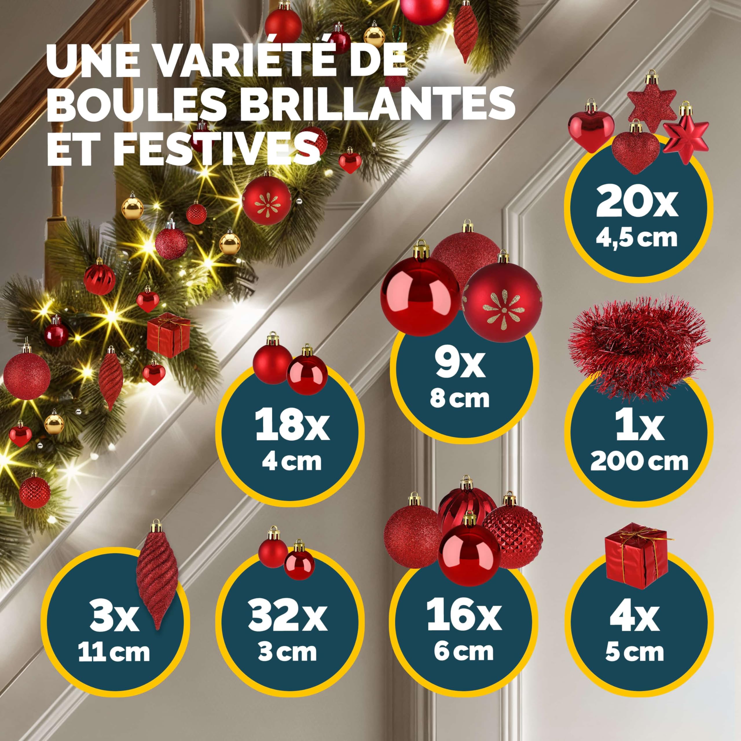 Lot de 103 Boules de Noël Rouge Décorations pour Sapin en Plastique Robuste Décoration de Noël intérieur extérieur
