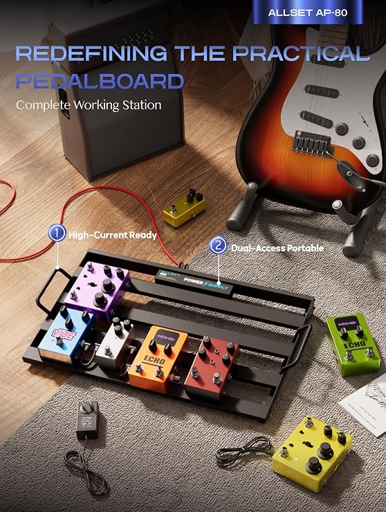 ALLSET AP-80 Guitar Effects Pedal Board with Built-in High Current Power Supply | Noise Reduction | Durable Aluminum Case | Patch Cables& Portable Gig Bag|For Electric Guitar & Bass
