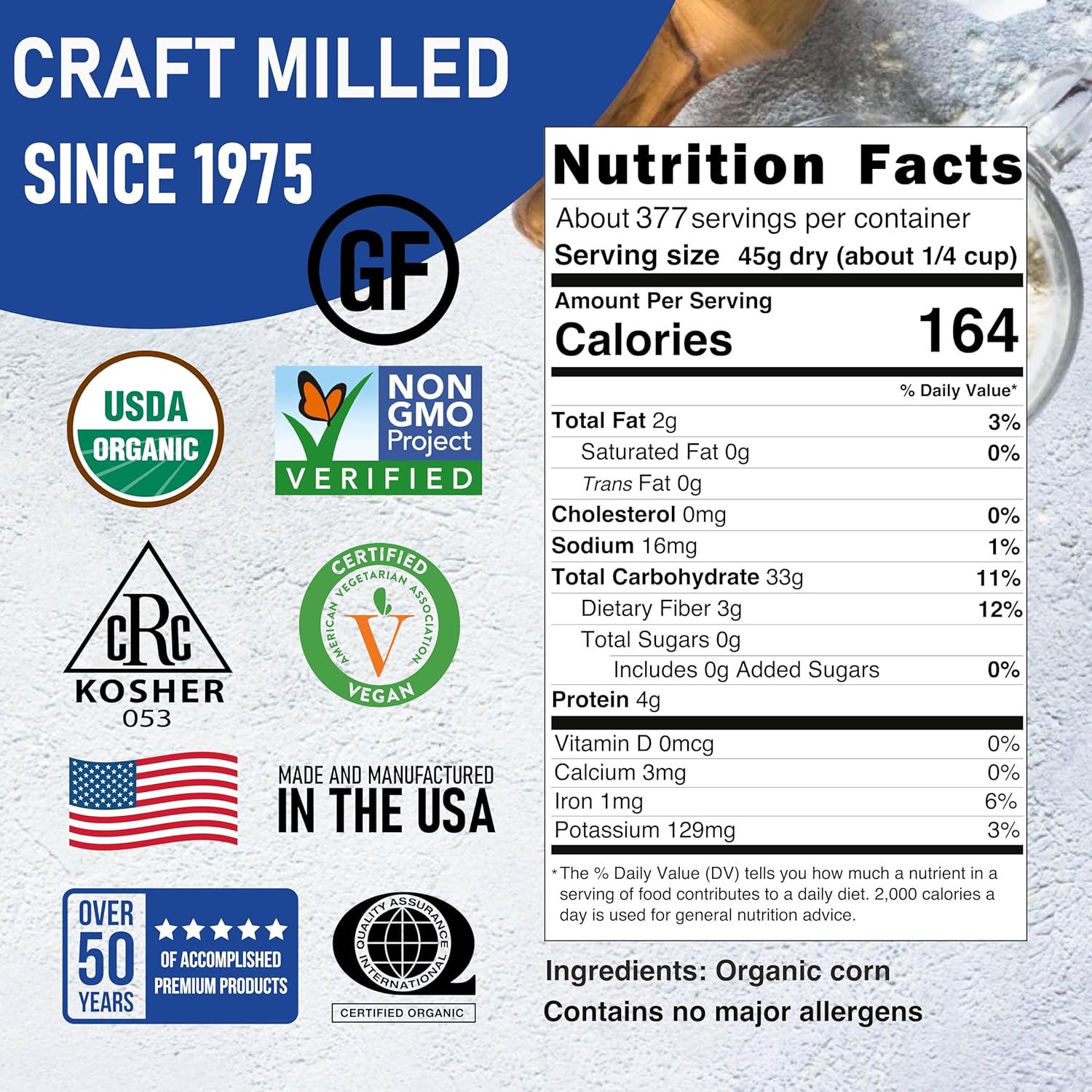 Great River Milling Organic Whole Corn | Whole Grain Yellow Corn for Milling, Cooking & Baking | USDA Organic, Non-GMO, Kosher | Ideal for Cornmeal, Grits & Hominy | 25 Lb