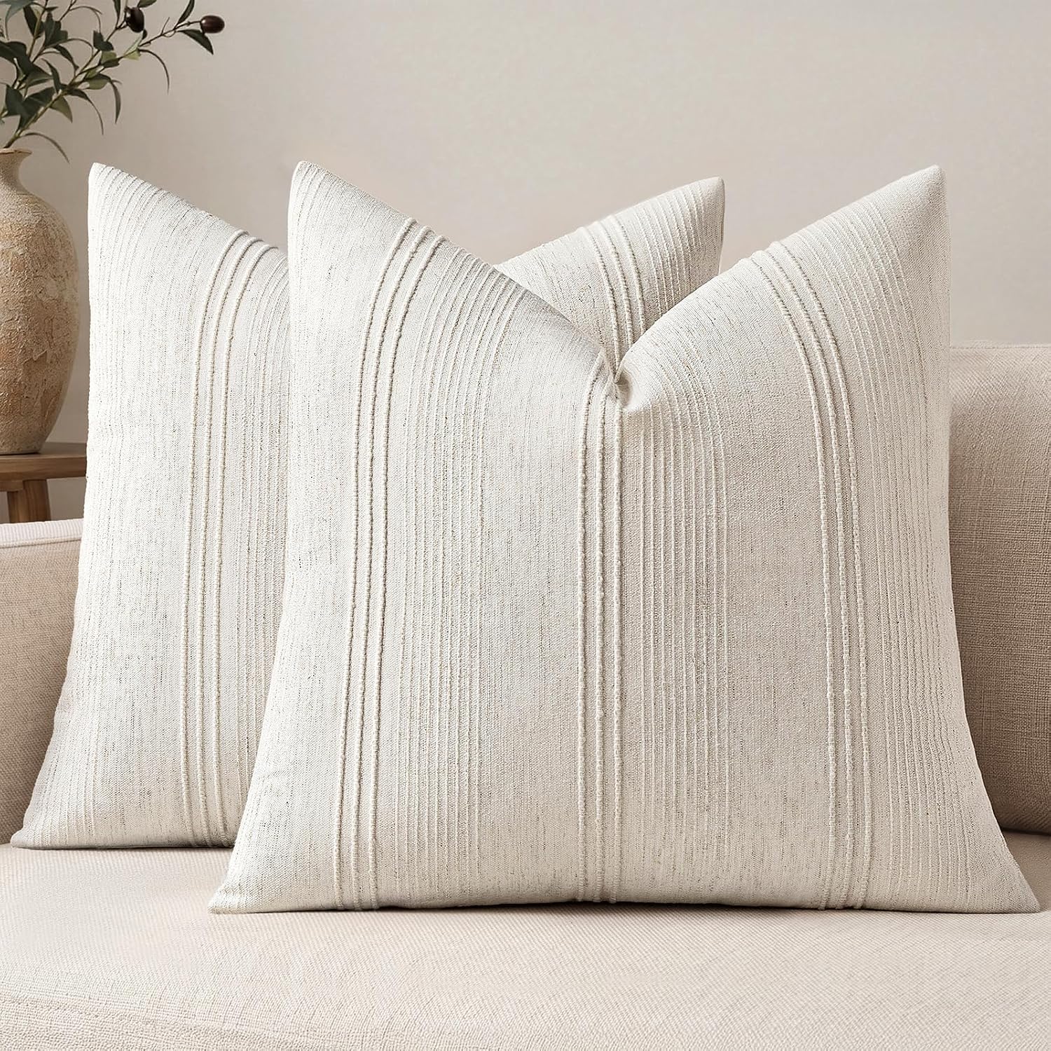 MIULEE Striped Euro Sham Pillow Covers 24x24 Decorative Textured Throw Pillow Covers Pack of 2 Linen Cushion Cases for Couch Bed Sofa Livingroom Farmhouse Home Decor, Natural Beige