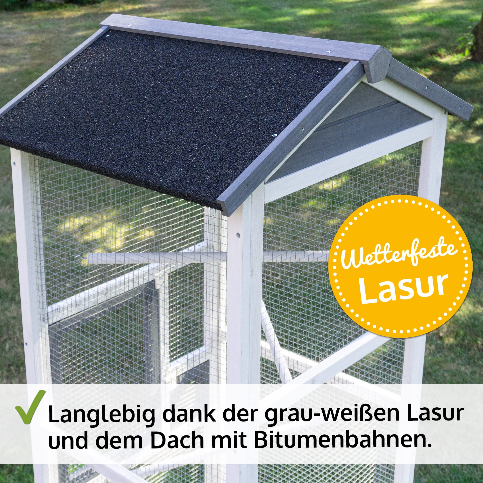 zooprinz Moderne Vogelvoliere, Vogelkäfig mit Kotschublade – aus hochwertigem Vollholz und verzinktem Draht – Witte-rungsbeständig in grau-weiß lasiert – 3 Modelle zur Wahl - Premium Vogelkäfig M
