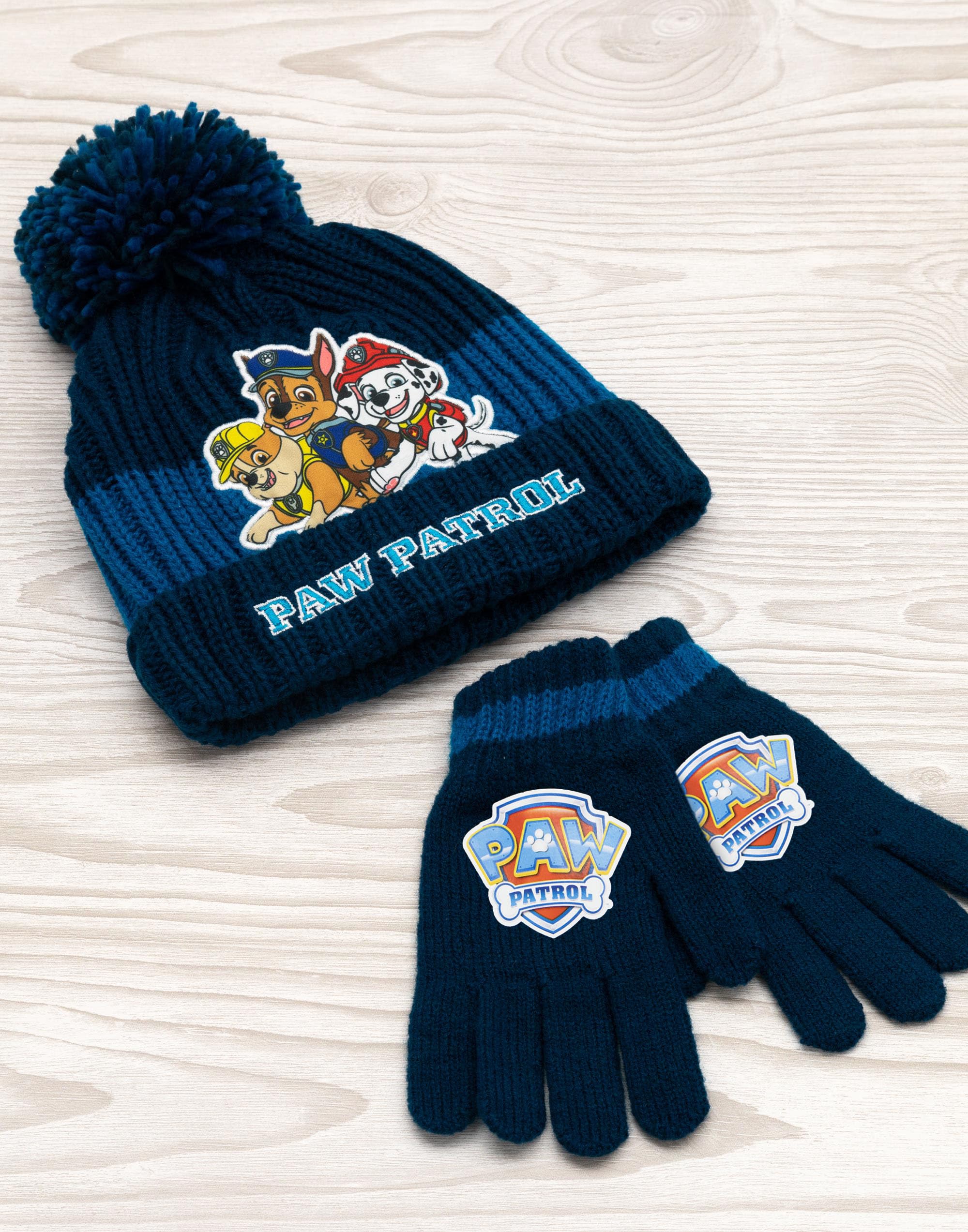 Paw Patrol Ensemble Bonnet & Gants pour Garçons | Ensemble Hiver Tricoté avec Graphiques de Chase, Rumble & Marshall pour Enfants | Bonnet d'Hiver Bleu avec Pompon et Gants Taille Unique