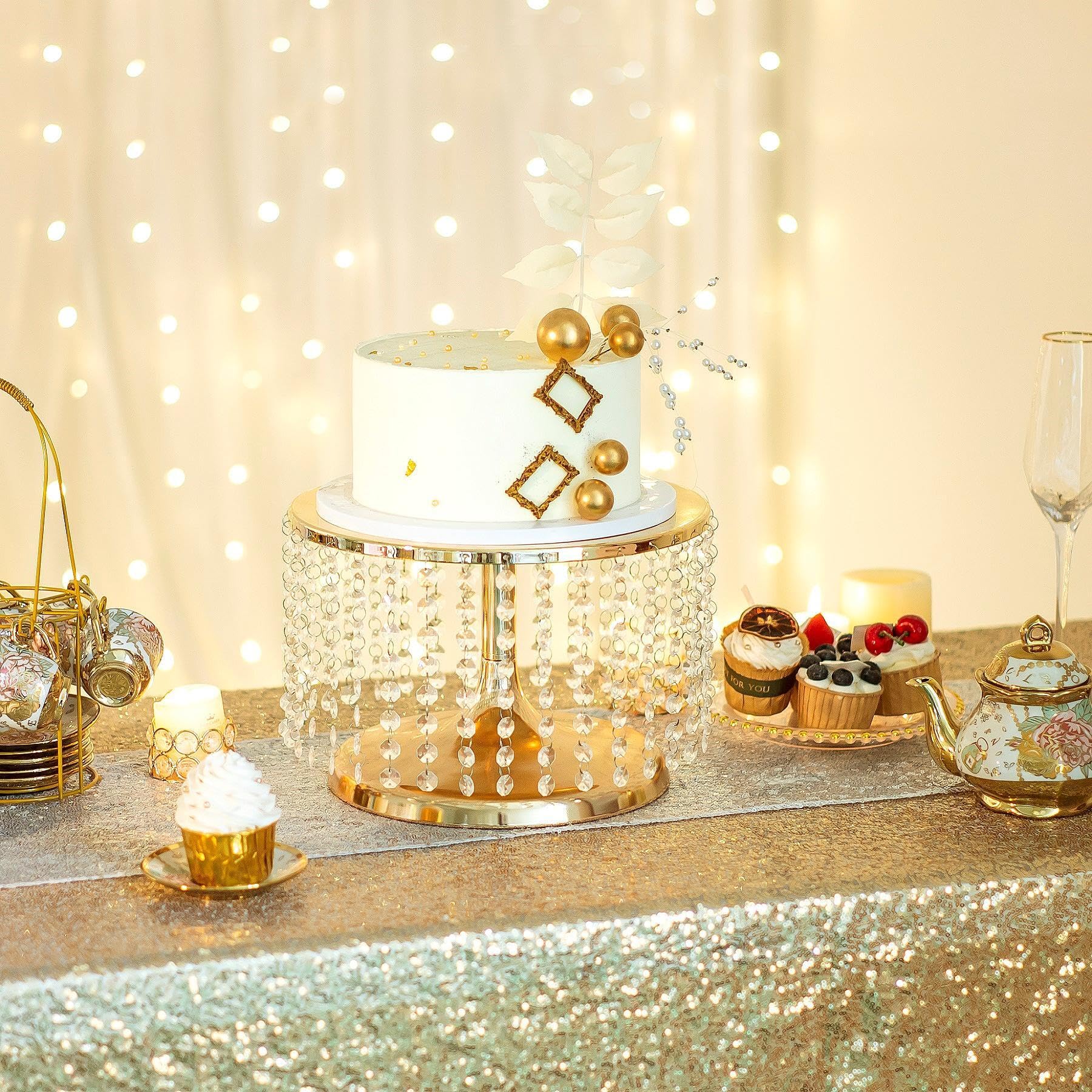 LoveCat 30,5 cm Durchmesser Kristallgold-Kuchenständer – 20,3 cm hoch, runder Dessert-Cupcake-Halter, Metall-Kuchenteller mit Kristallanhängern, eleganter Gebäckständer für Hochzeit, Geburtstag, Party