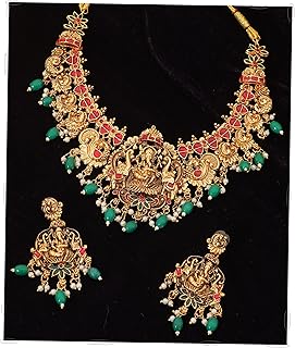 Temple Jewelry Indian Set Traditional South Indian Matt Finish Ethnic Antique Temple Pearl Gold Plated Lightweight Choker Necklace Set