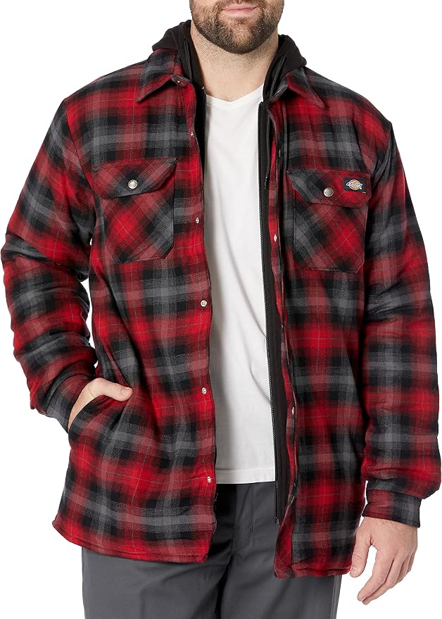Dickies Men's Fleece Hooded Flannel Shirt Jacket with Hydroshield - English Red Black Ombre Plaid Size 3XL (TJ211)