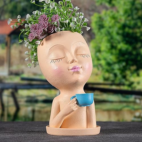 Miniatura 5 de OFFKITSLY Macetas en forma de cara, maceta en forma de cabeza para suculentas, maceta única con drenaje para plantas de interior y exterior (caqui)