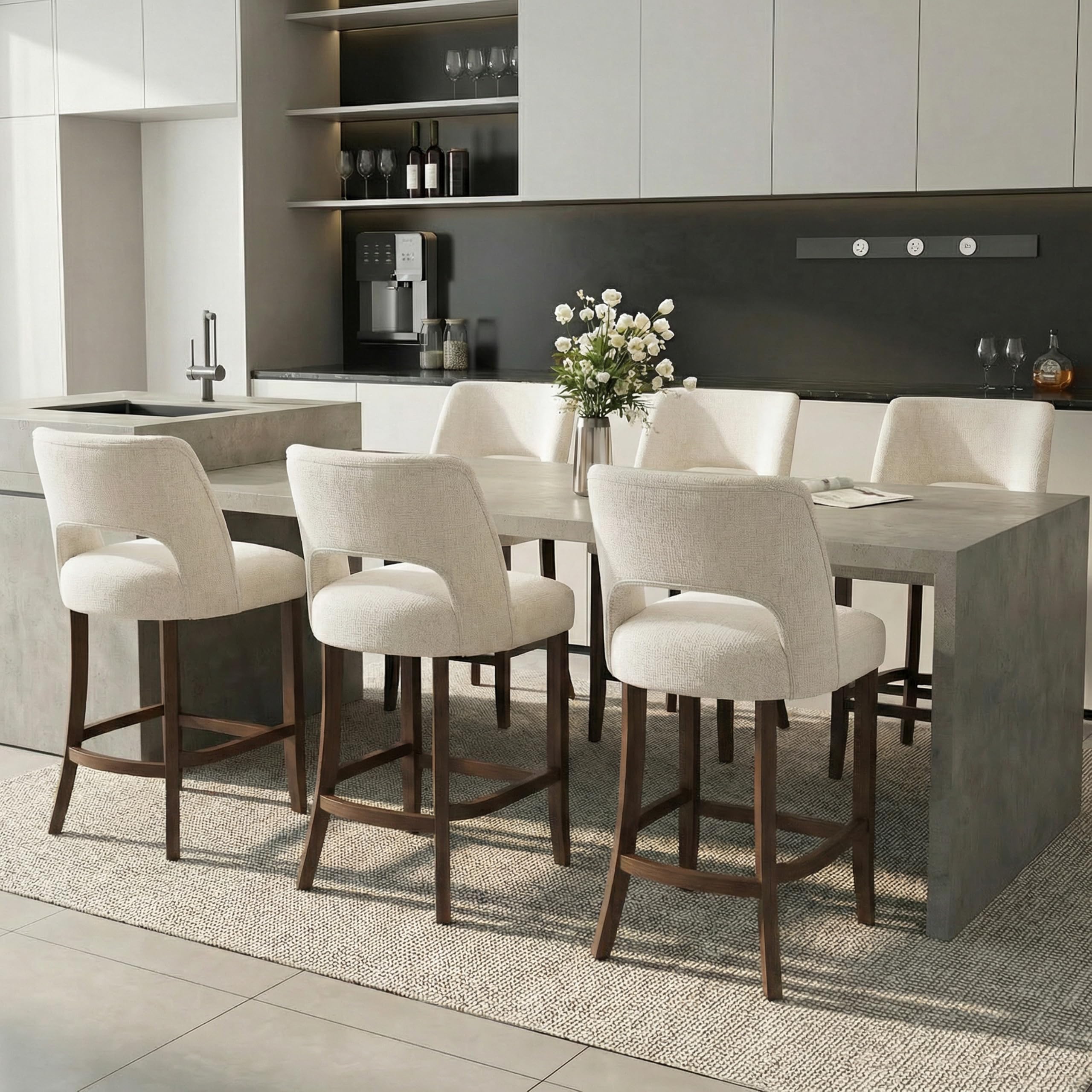 VKNOW Bar Stools Set of 6, 26" Fabric Counter Height Bar Stools, White