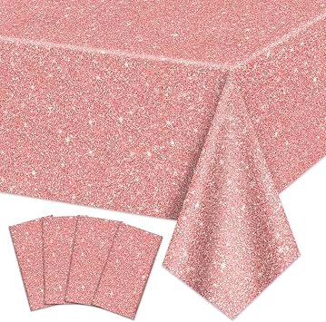 4 Pack Pink Rose Gold Tablecloths, 51x87 Rose Gold Sequin Printed Plastic Table Cover, Rose Gold Glitter Birthday Background Decorations for Girls Birthday Wedding Graduation Princess Party Supplies