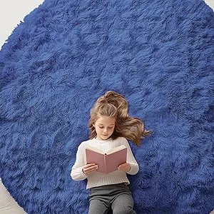 OLANLY Navy Blue Round Rugs for Bedroom - Machine Washable, 8 ft Circle Area Rugs for Living Room, Soft and Fluffy Shaggy Carpet for Teen Girls and Boys, Nursery Rooms, Dorms, Home Decor Aesthetic