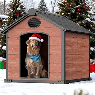 EHHLY 46" Large Dog House Outdoor Weatherproof, 3XL Big Dog House for 2 Large Dogs Outside, Insulated Igloo Pet House with Elevated Floor, Extra Durable Resin Plastic, 46Lx40Wx40H, Rustic Brown
