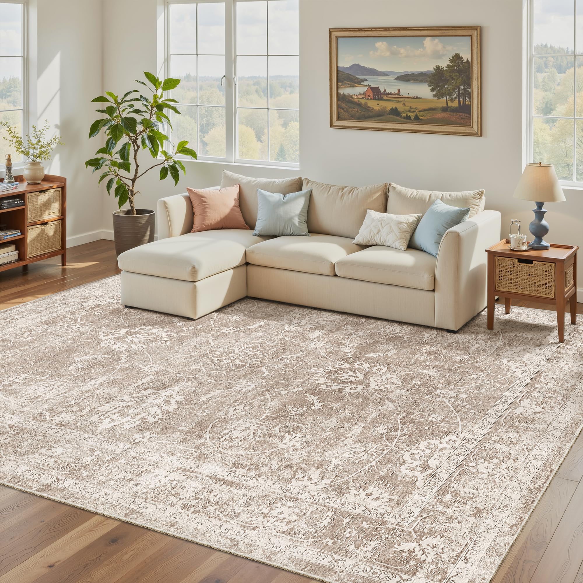 Madane 5x7 Area Rugs for Living Room, Washable Vintage Natural Rug with Non-Slip Backing, Soft Floral Print Throw Rugs Floor Low Pile Carpet for