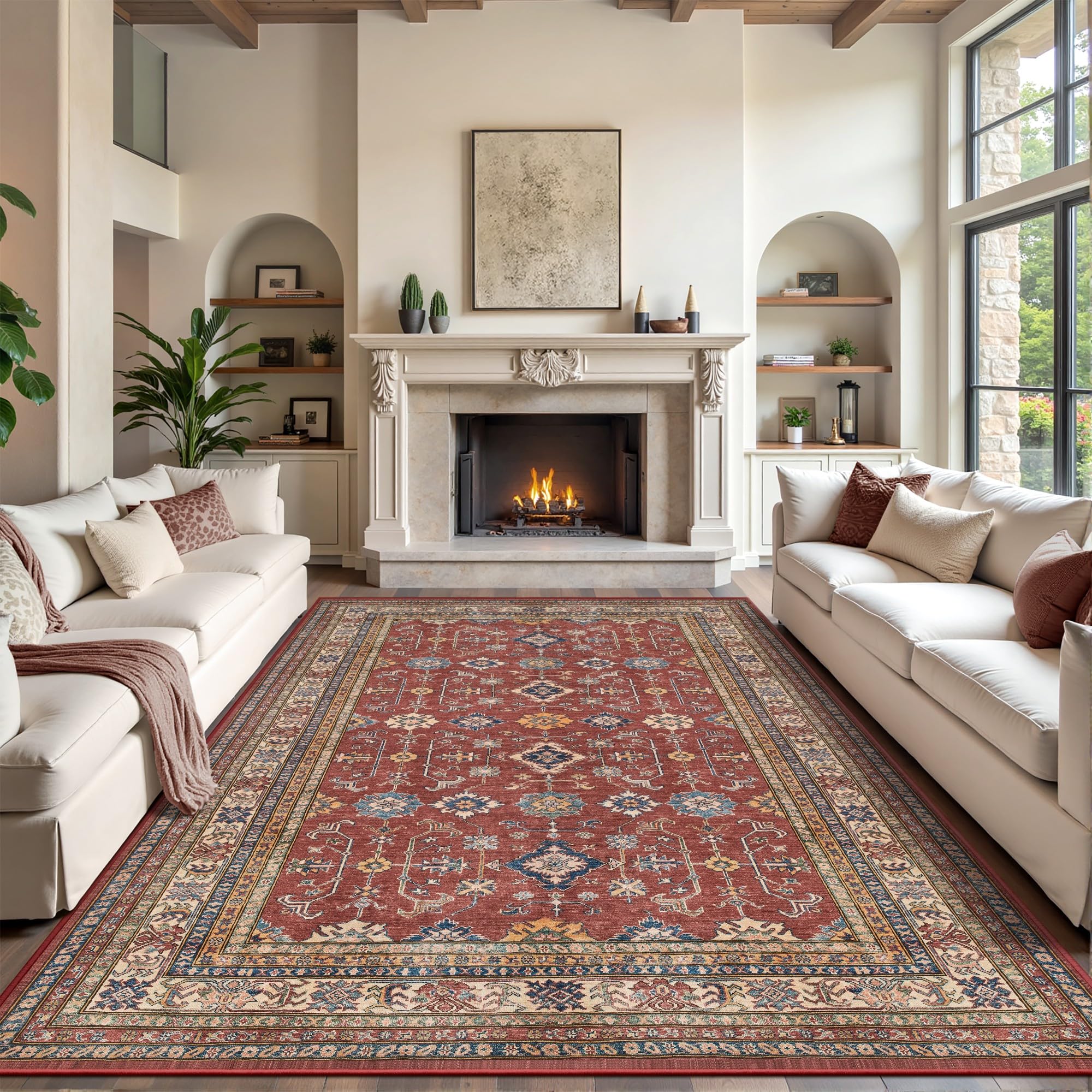 Rugland 9x12 Area Rug - Stain Resistant Washable Rug, Anti Slip Backing Rugs for Living Room, Vintage Tribal Area Rugs (TPR10-Burgundy, 9'x12')