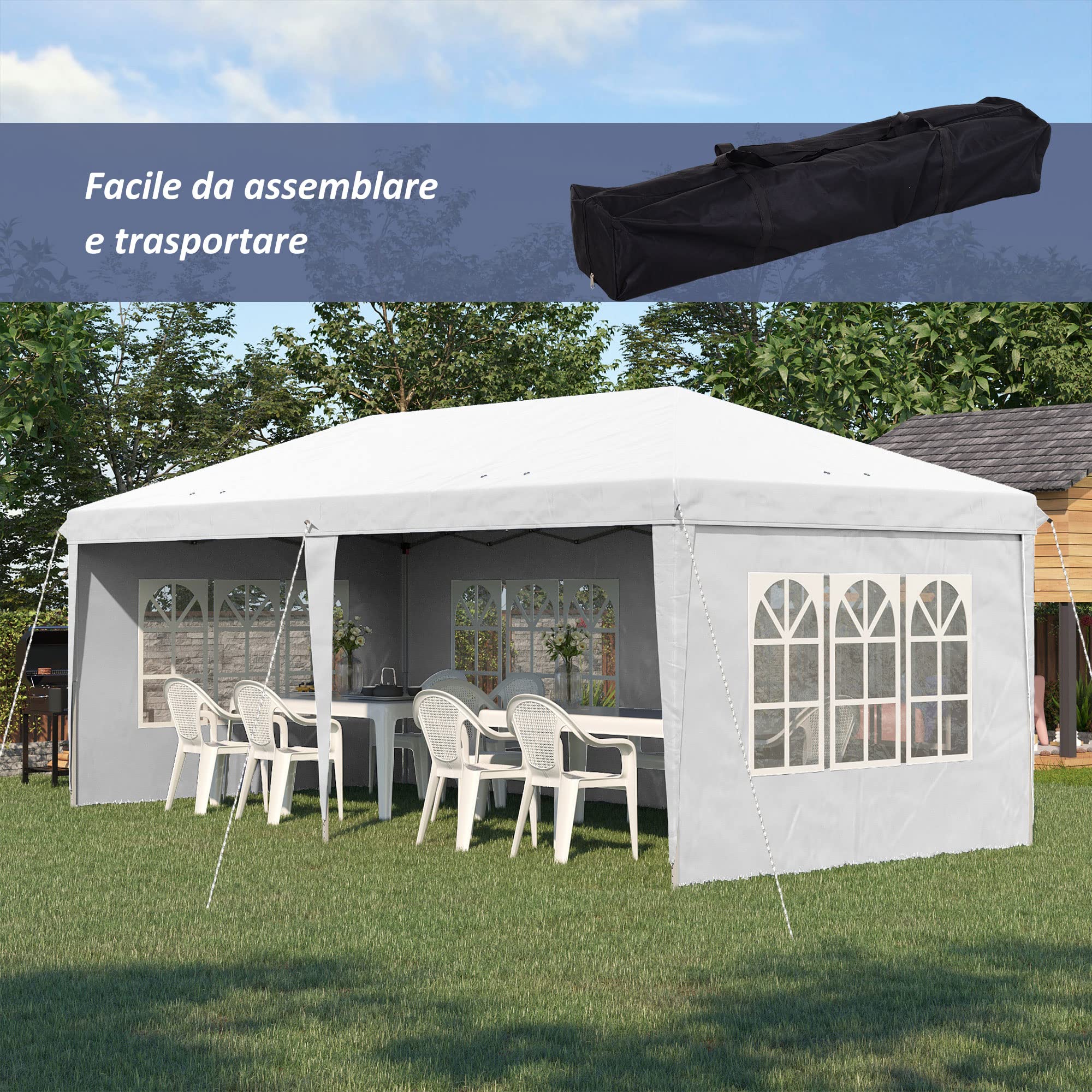 Outsunny Gazebo 6x3 m Pop Up Pieghevole Regolabile in Altezza Bianco | Gazebo da Giardino, Finestre, Pareti Removibili, Borsa per Trasporto, Acciaio, Poliestere
