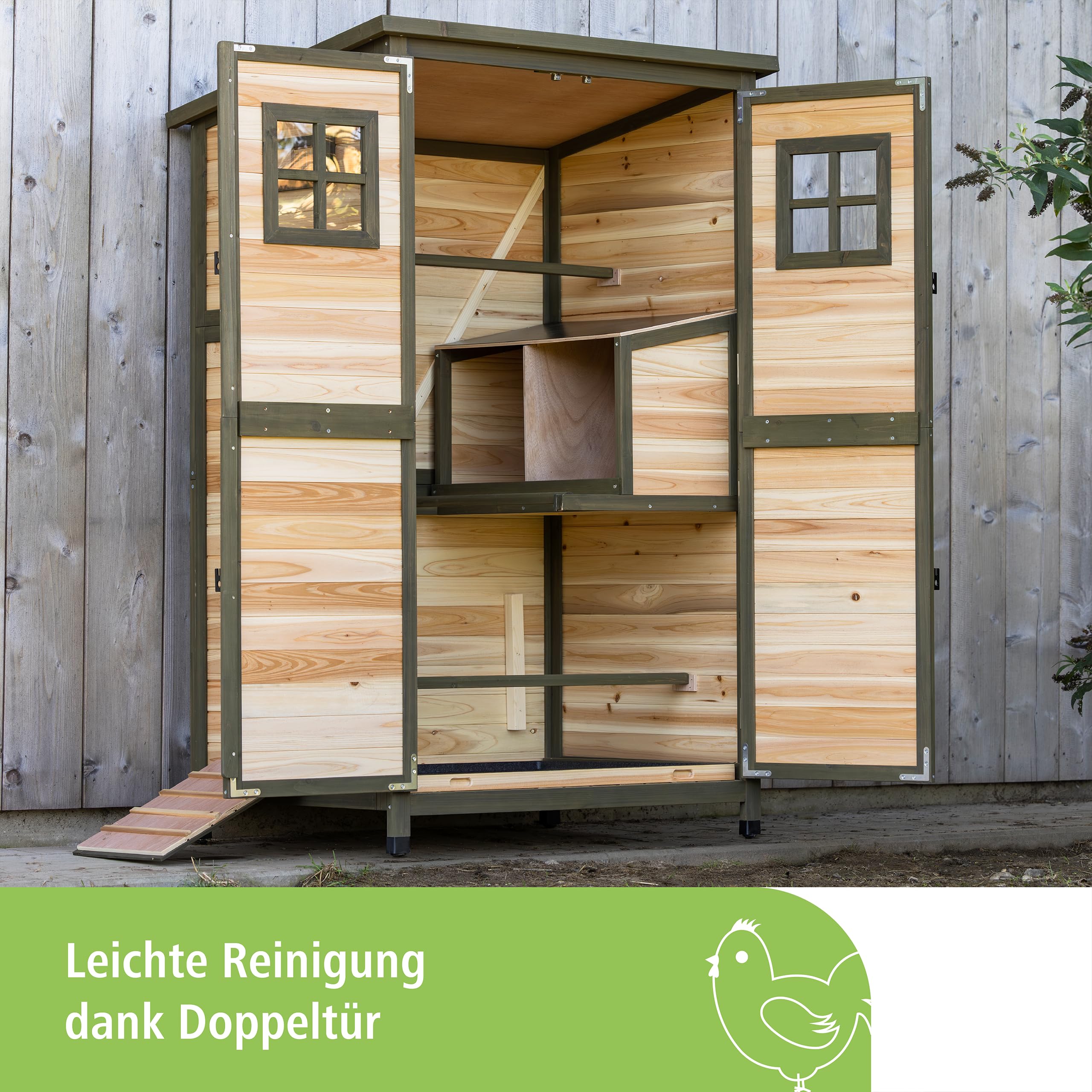 Kerbl Hobbyfarming Hühnerhaus Tower, Hühnerstall, 109x75x167cm, Holz, leicht zugänglich, leichte Reinigung, Zwei Sitzstangen, Zwei Legenester
