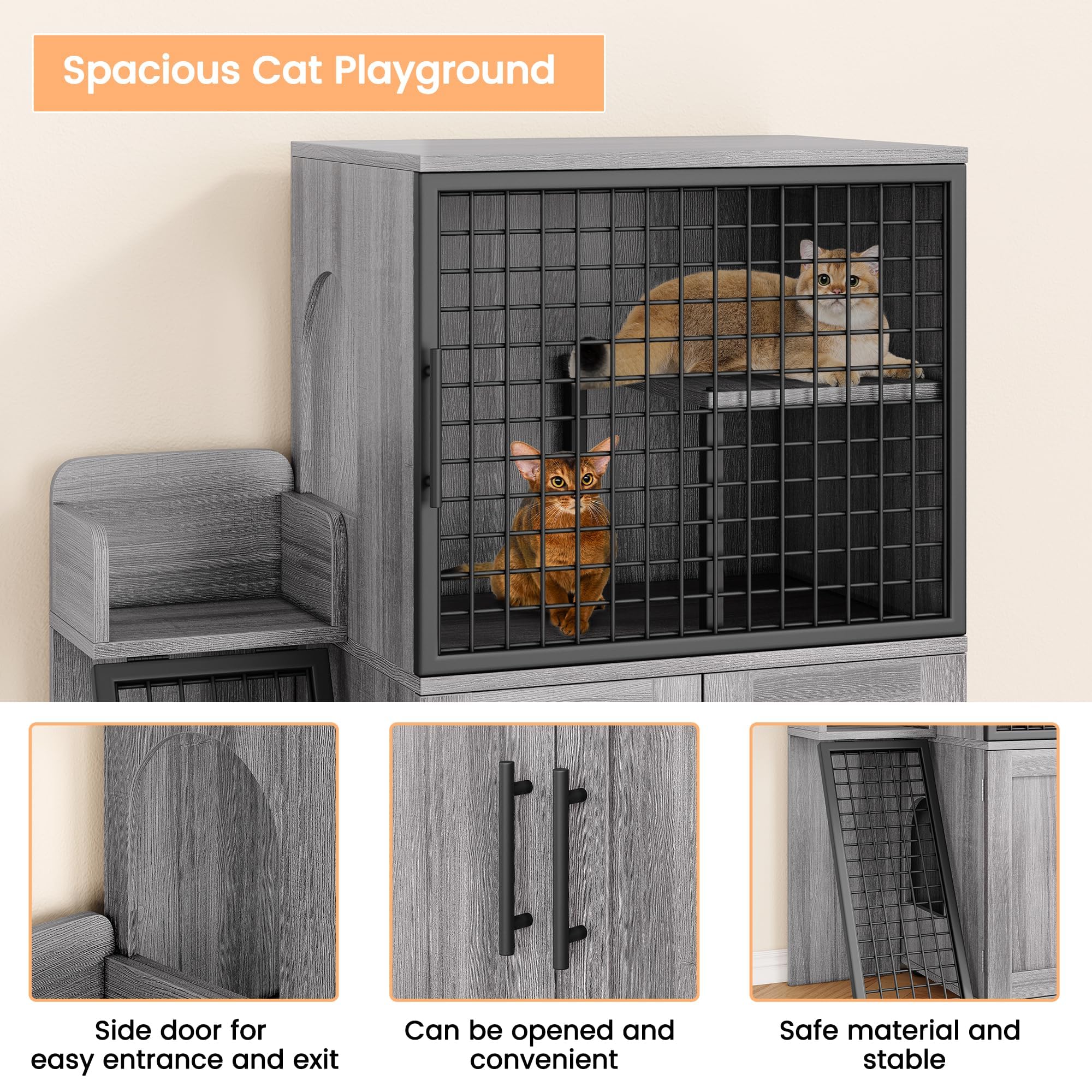 Cat Litter Box Enclosure Furniture with Double Layer Design, Hidden Litter Box & Lounge Villa for Indoor Cats - Includes Ladder, Platform, and Washroom Space for Living Room, Wax Wood - image 3