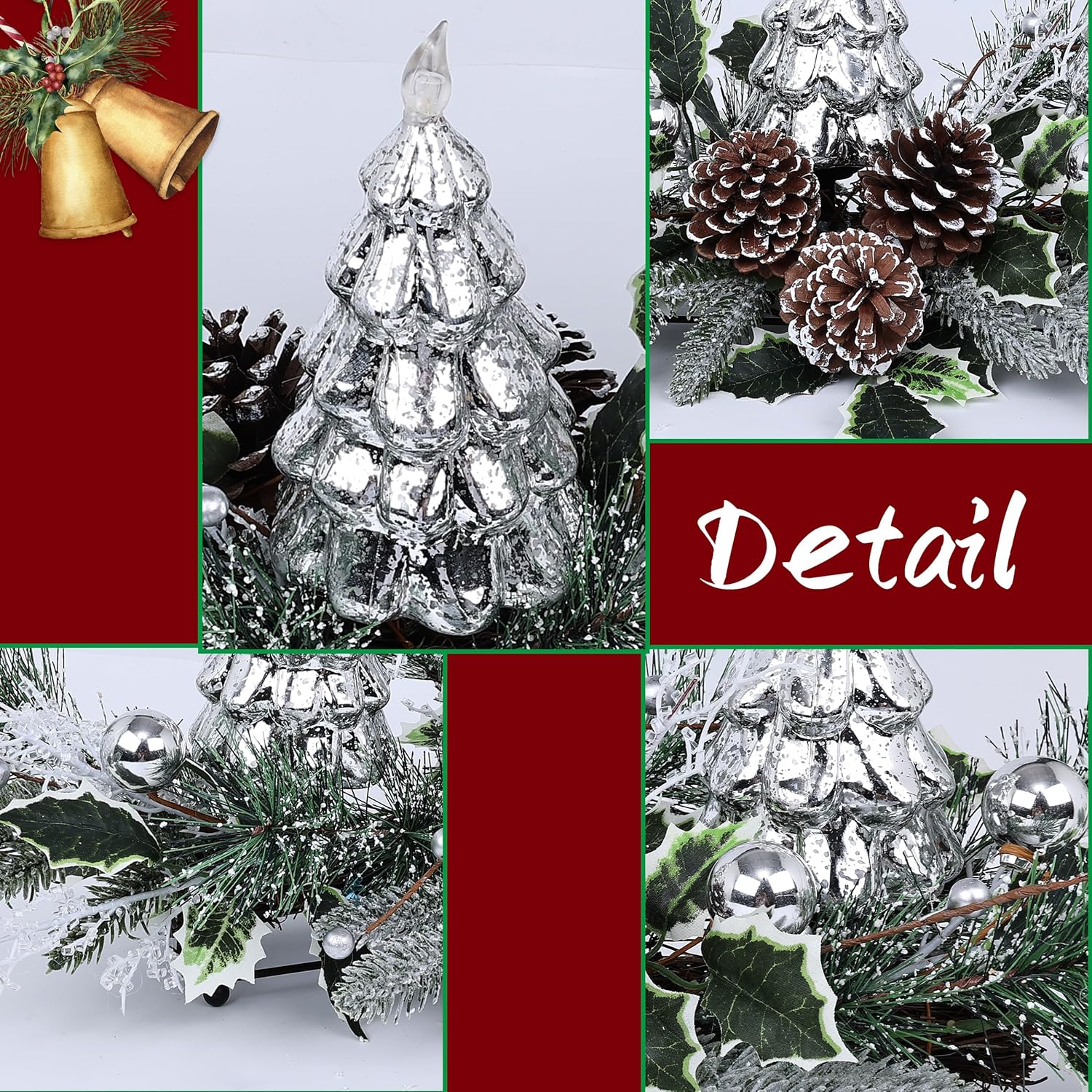 Christmas Table Centerpiece with LED Lights, Christmas Decoration with 3PCS Silver Christmas Tree, Natural Pine Cones, Christmas Balls for Holiday Party, Home, Fireplace