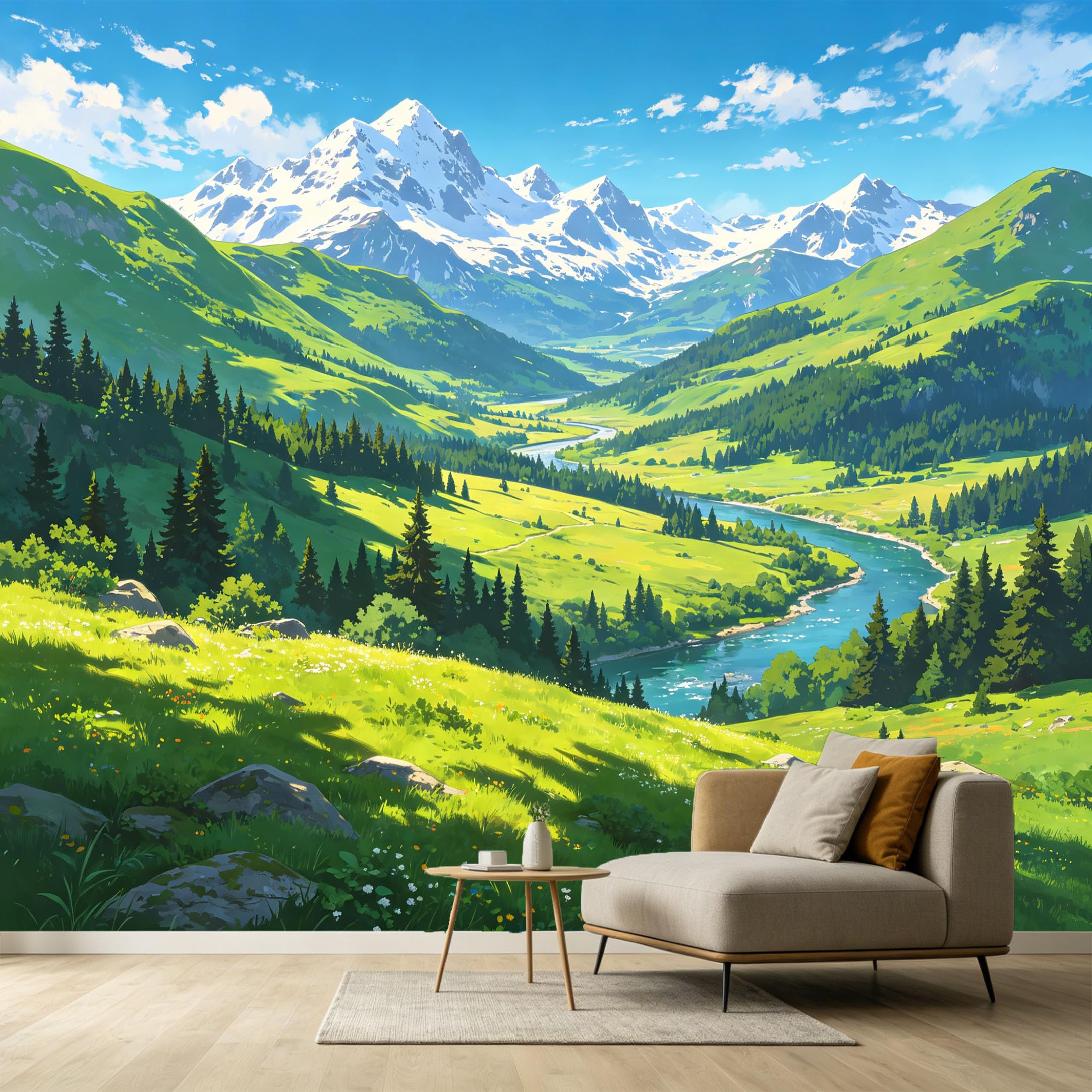 Custom Size Wall Murals Alpine Mountain Lake Landscape Oil Painting Pine Trees Snowy Peaks SelfAdhesive Wall Fabric Removable Large Wallpaper for Photo Living Room