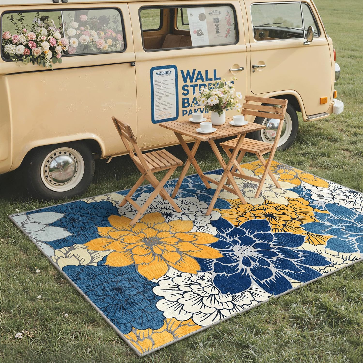GENIMO Indoor Outdoor Area Rug 5'x8', Machine Washable Rugs for Patio, Waterproof, Non-Slip Easy Cleaning Floral Outdoor Mat Carpet for Living Room, Bedroom, RV, Balcony, Deck, Camping, Navy Blue