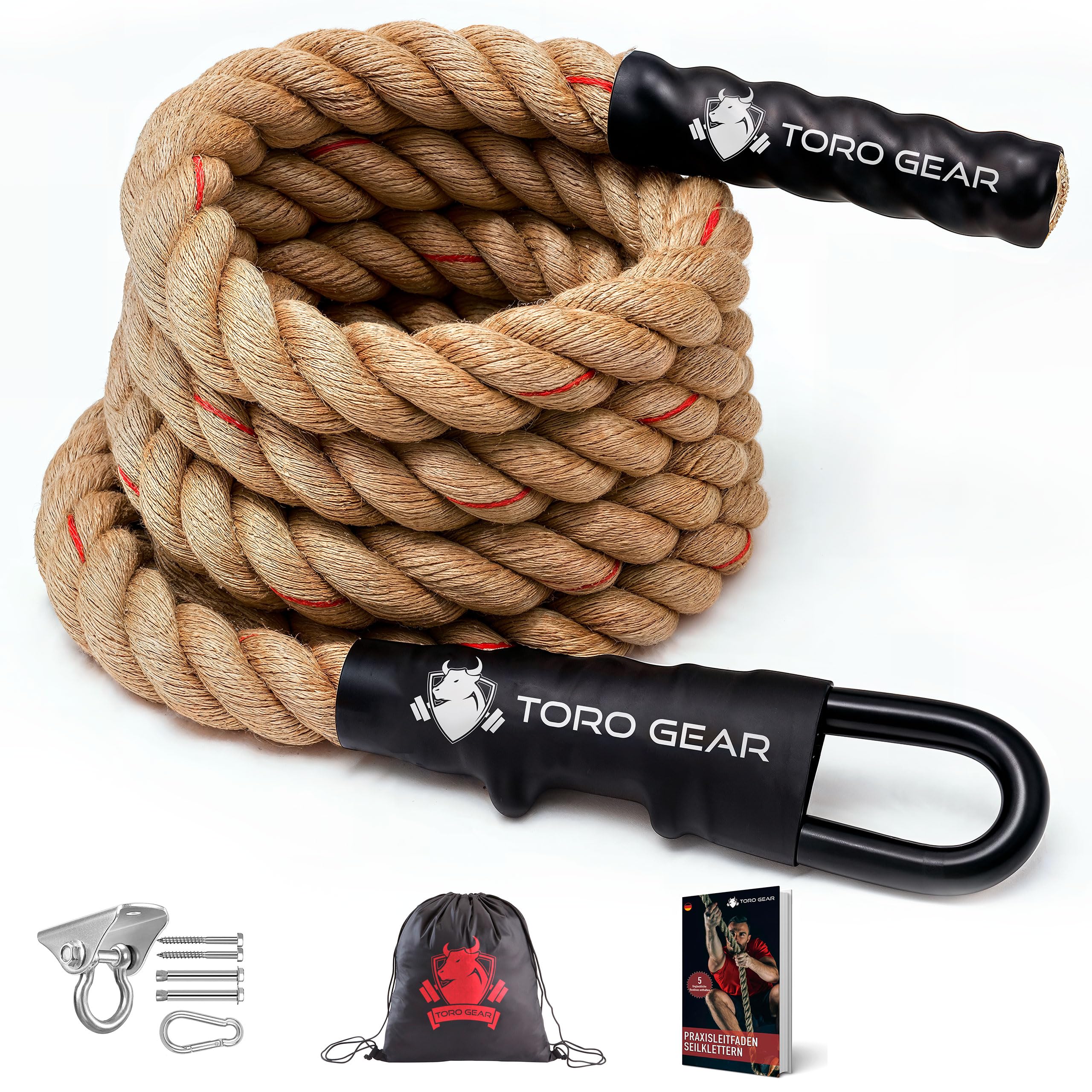 38 Millimeter Juteseil zum Klettern, 3-6 Meter | Kletterseil mit Karabinerhaken und Aufhänger für Crossfit, Fitness, Fitnessstudios und Feuerwehrtraining (38 mm X 3,5 m)