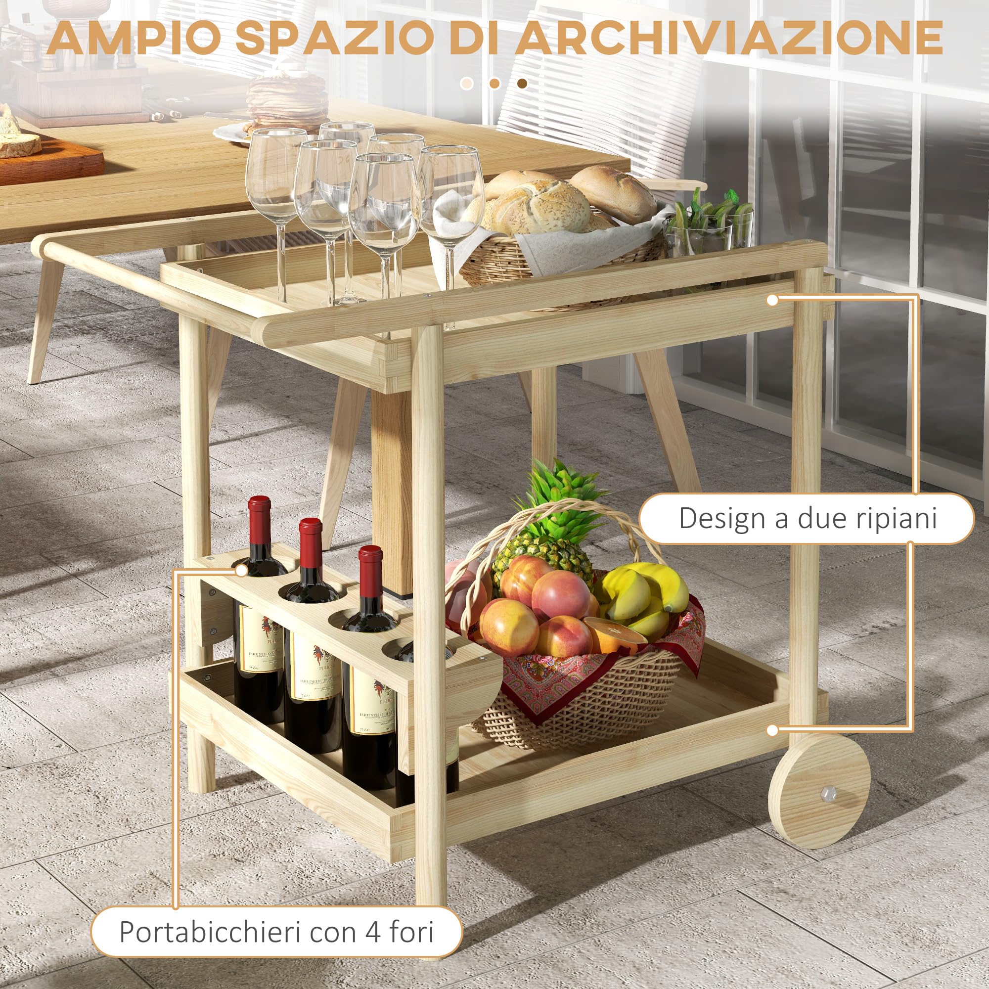 Outsunny Carrello da Giardino in Legno di Abete a 2 Ripiani, 78x58.5x75 cm