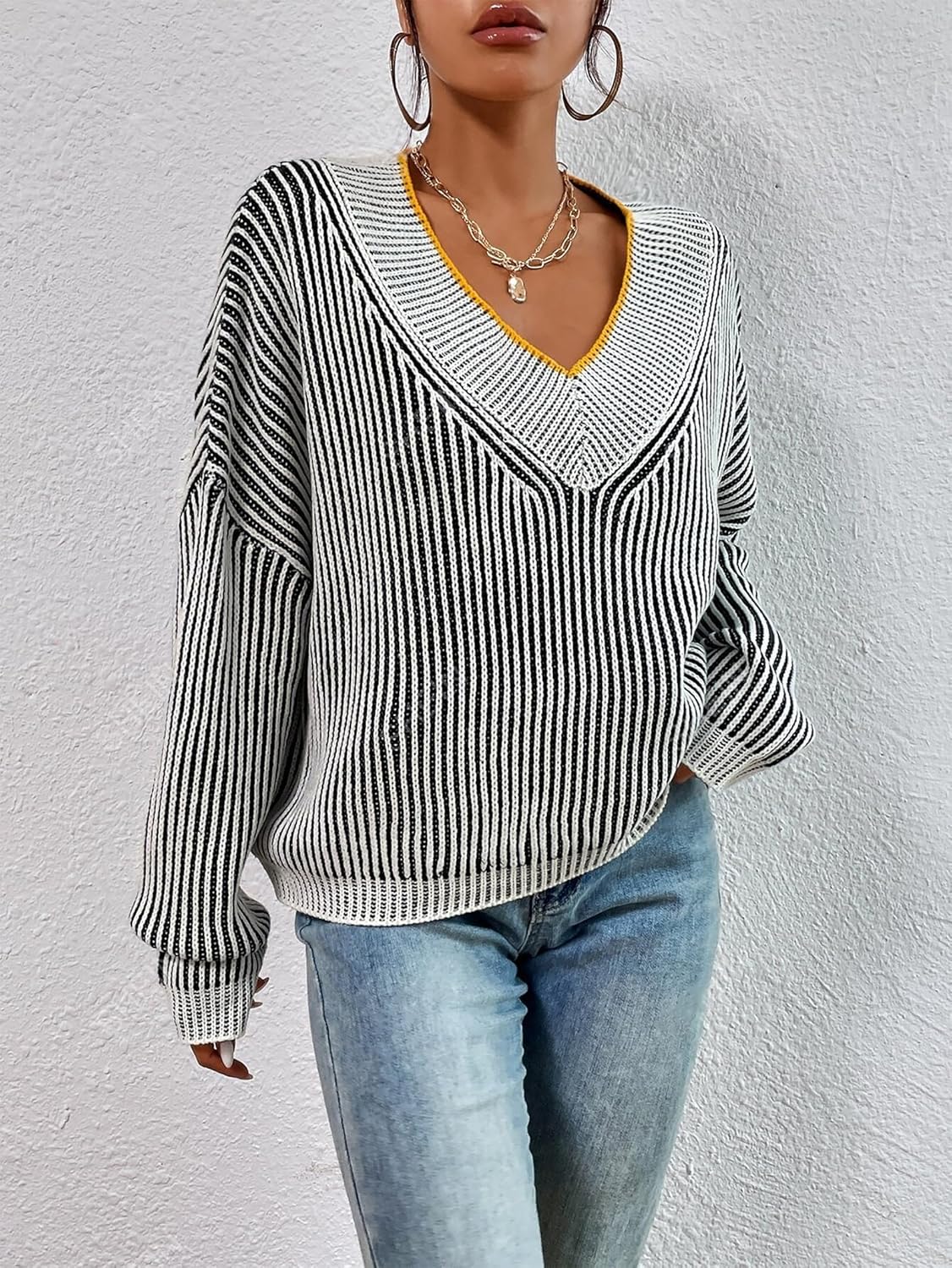 Cakulo Womens Fall 2025 Oversized Striped V Neck Sweaters Long Sleeve Knit Color Block Trendy Pullover Sweater Top - Image 5