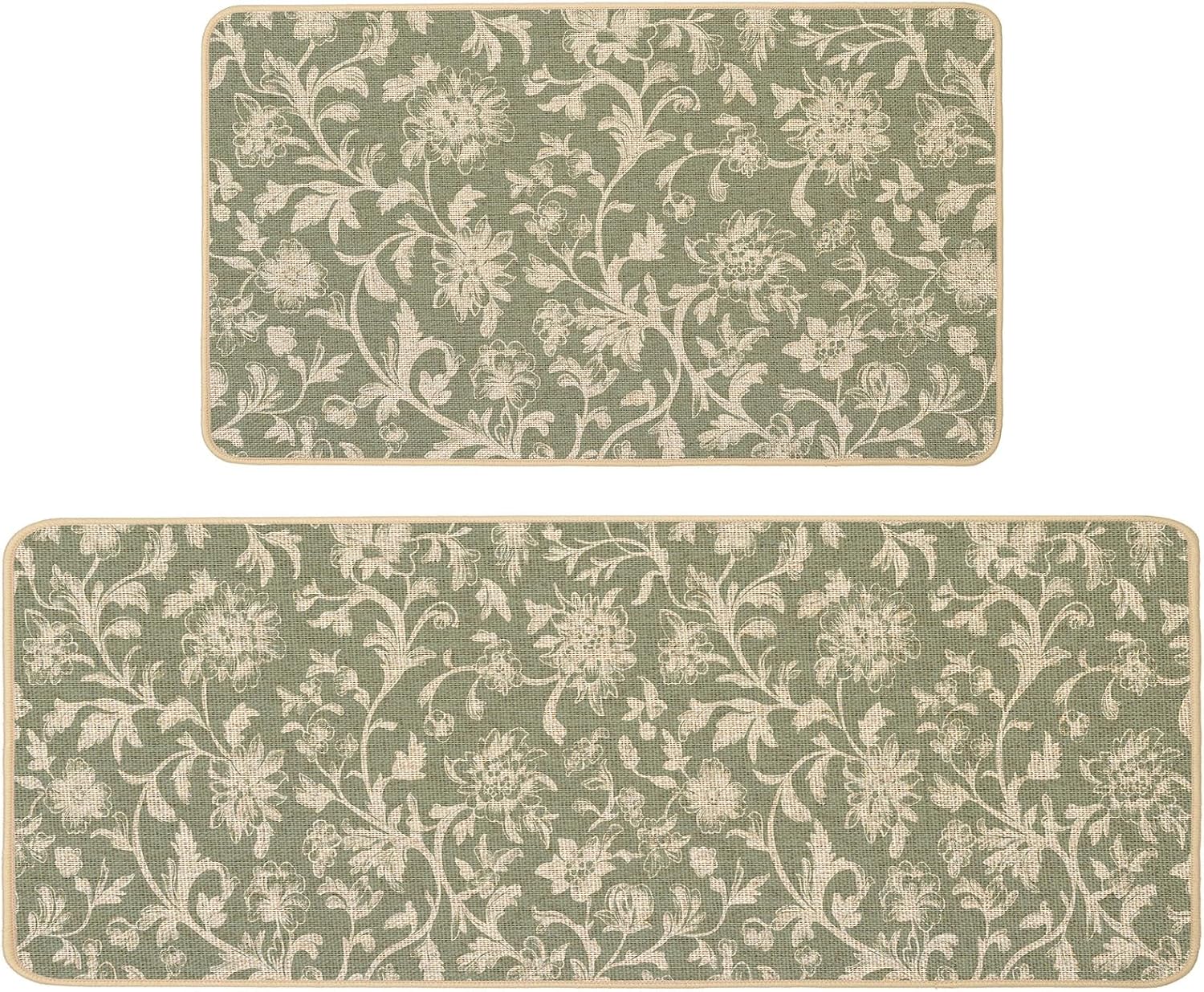 Baccessor Sage Green Floral Kitchen Mats Set of 2,Monochrome Sketch Retro Vintage Flowers Kitchen Rugs Absorbent Non Slip Low-Profile Washable for Spring Summer Floor Home Decor 17x29 and 17x47 Inch