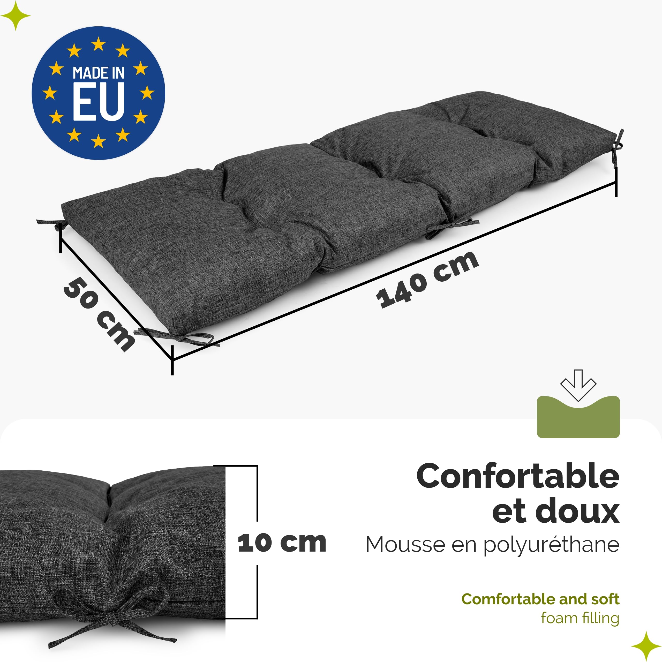 Garronda Coussin Exterieur Impermeable 140x50 cm pour Banc de Jardin Canapé Extérieur et Balancelle Coussins d'Assise Résistant UV pour Terrasse Balcon et Intérieur avec Cordons GD-0219 Anthracite