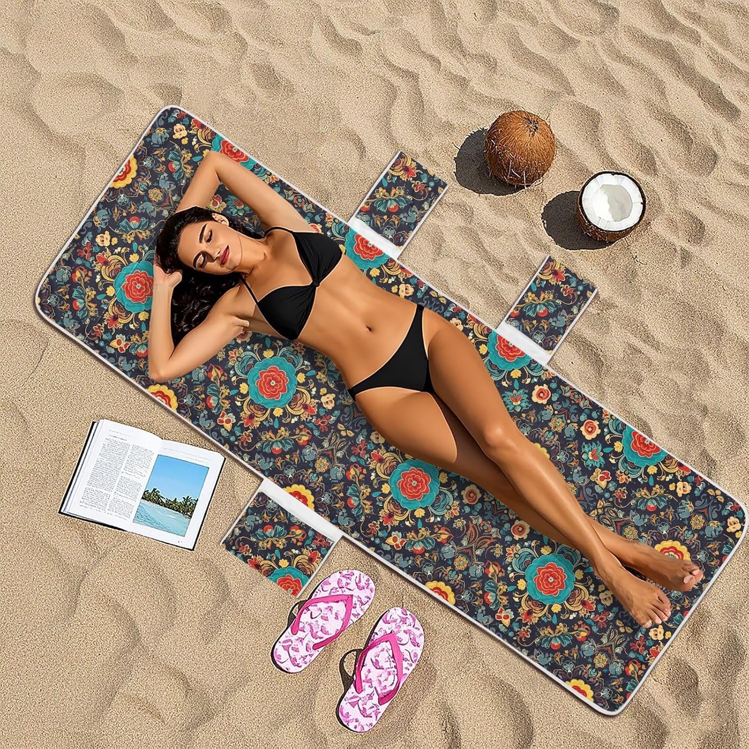 Vintage Marble Pattern Lounge Chair Towel Cover with Side Pockets – 85x30in Foldable Chaise Cover for Beach, Pool, Patio, Spa