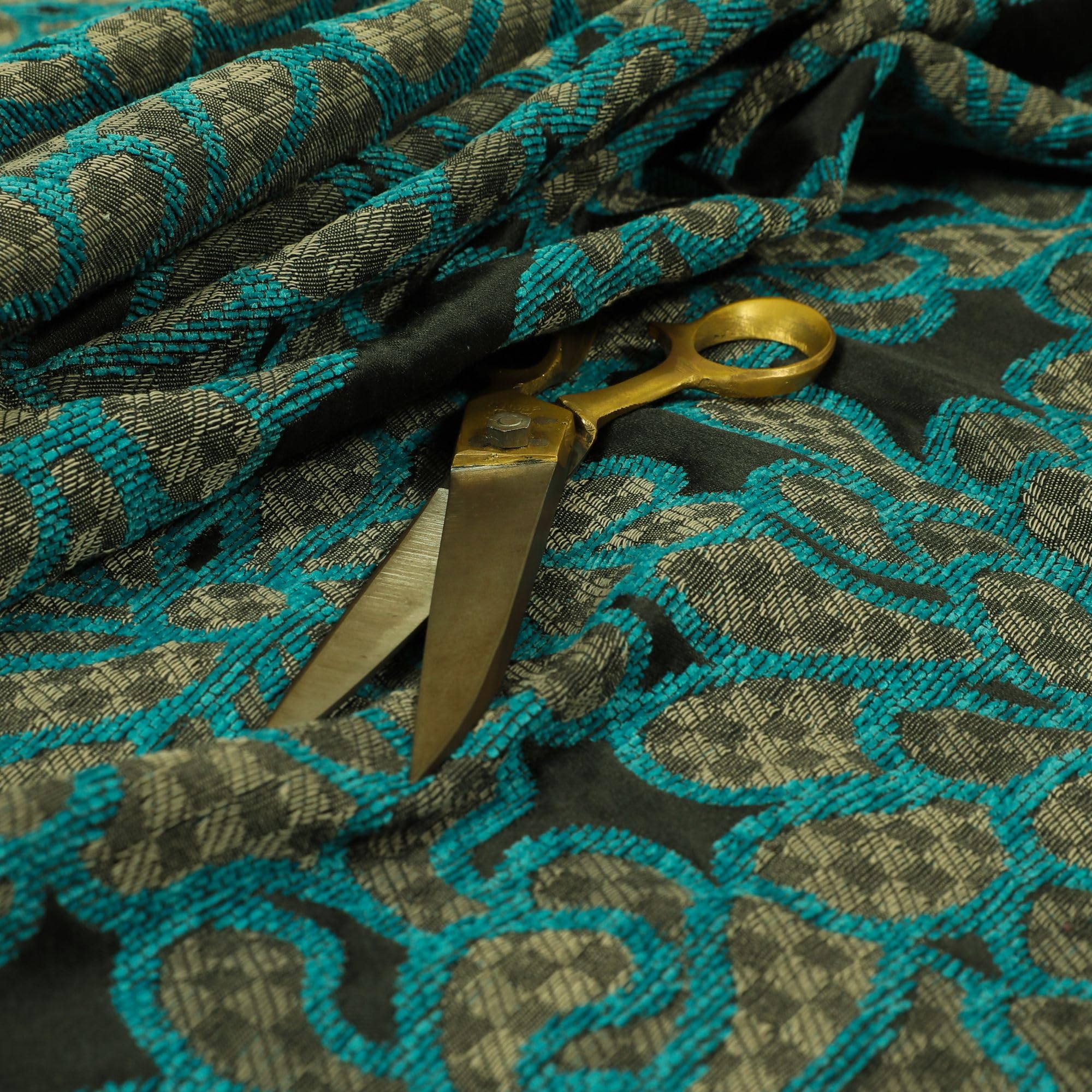 Telas estampadas para cortinas, tapicería y diseño floral en azul, verde azulado, gris y negro (por metro)