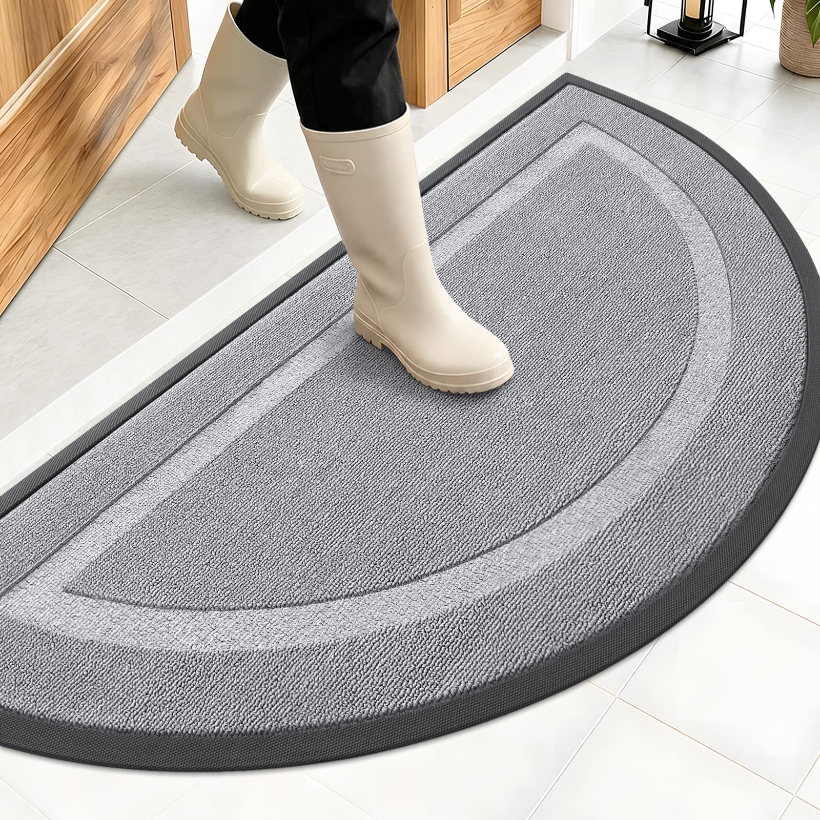 OLANLY Half Circle Front Door Mat Outside 47x23 All-Season Rubber Doormat | Silver Gray, Absorbent, Heavy-Duty, Stain and Fade Resistant, Non-Slip Backing, Low-Profile Indoor Outdoor Entryway Mat