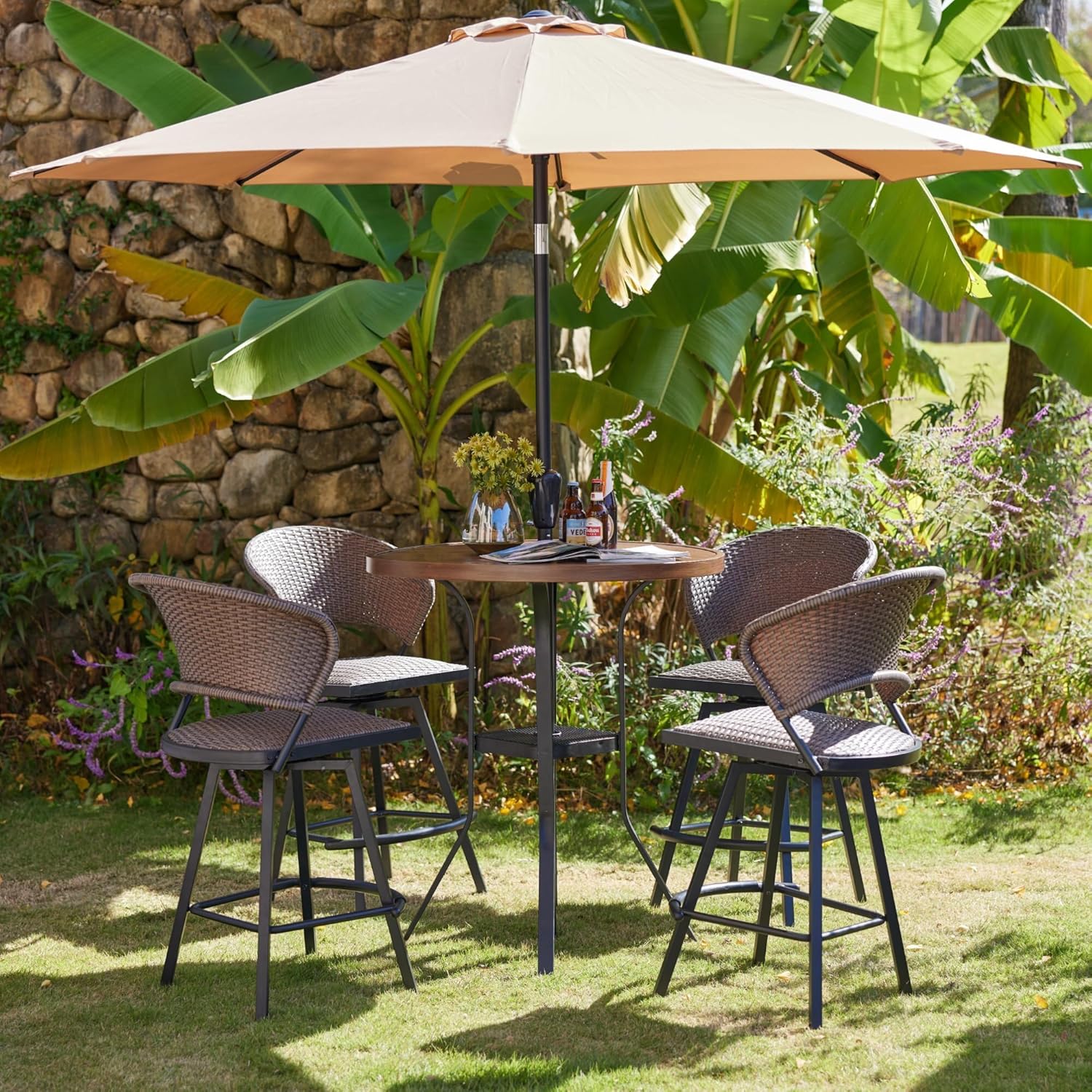 VICLLAX Patio Bar Height Table, Outdoor Round Bar Table with Umbrella Hole for Balcony, Porch, Deck, 37" Walnut