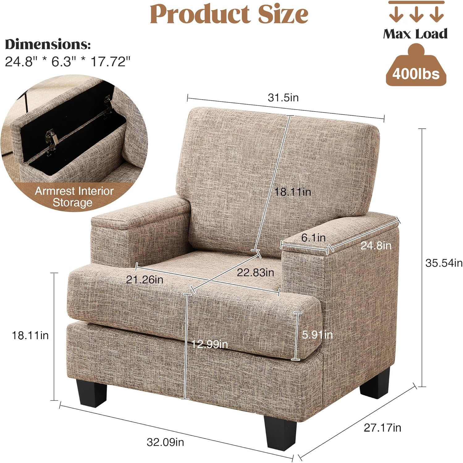 Accent Chairs Set of 2 with Armrest Storage, Modern Upholstered Reading Living Room Chairs, Comfy Large Armchairs, Fabric Single Sofa Chair for Bedroom (Yellowish Brown)