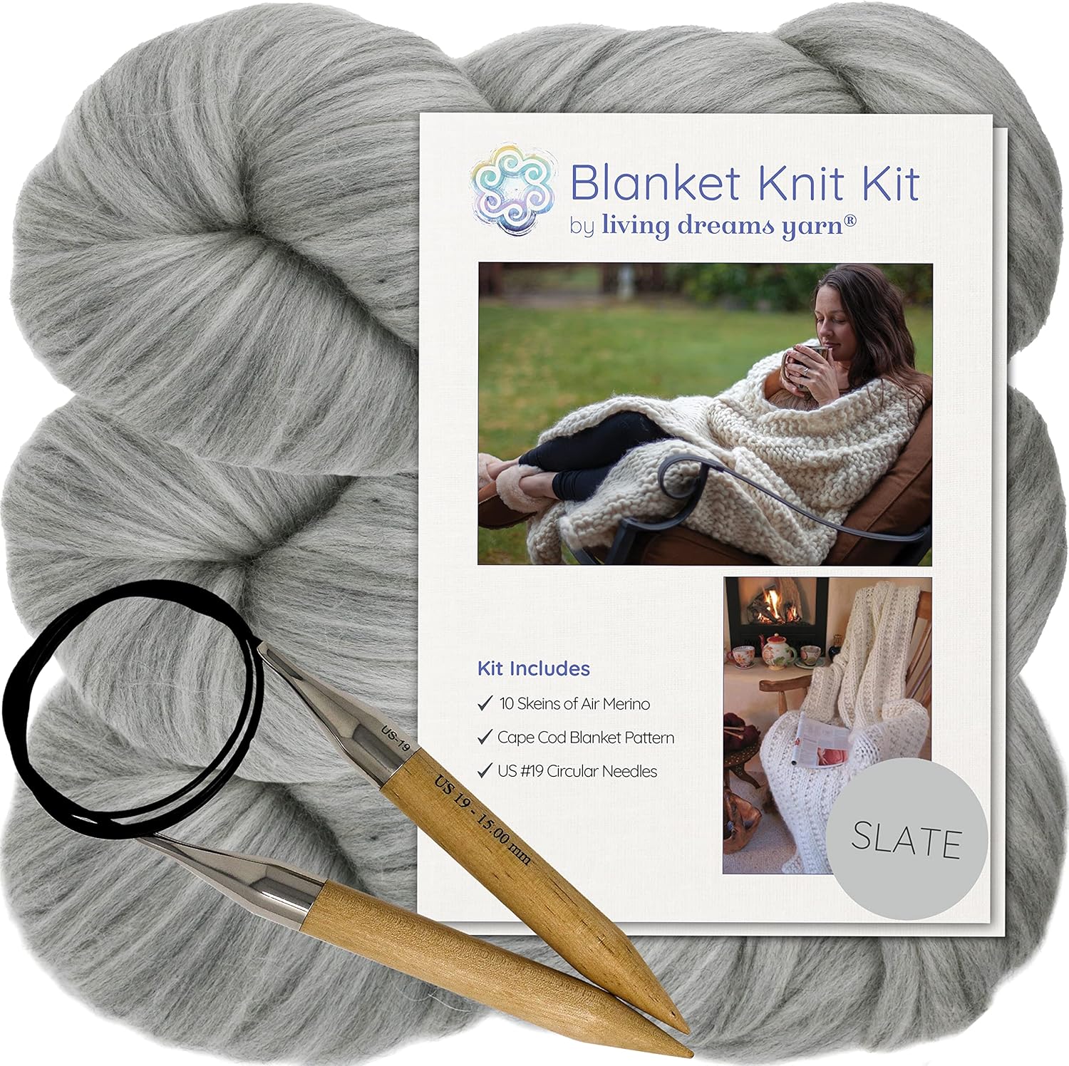 Extra Large Merino Blanket Knit Kit. Includes Super Soft Air Merino Yarn, Big Wooden Needles & Printed Cape Cod Blanket Pattern. Color: Slate