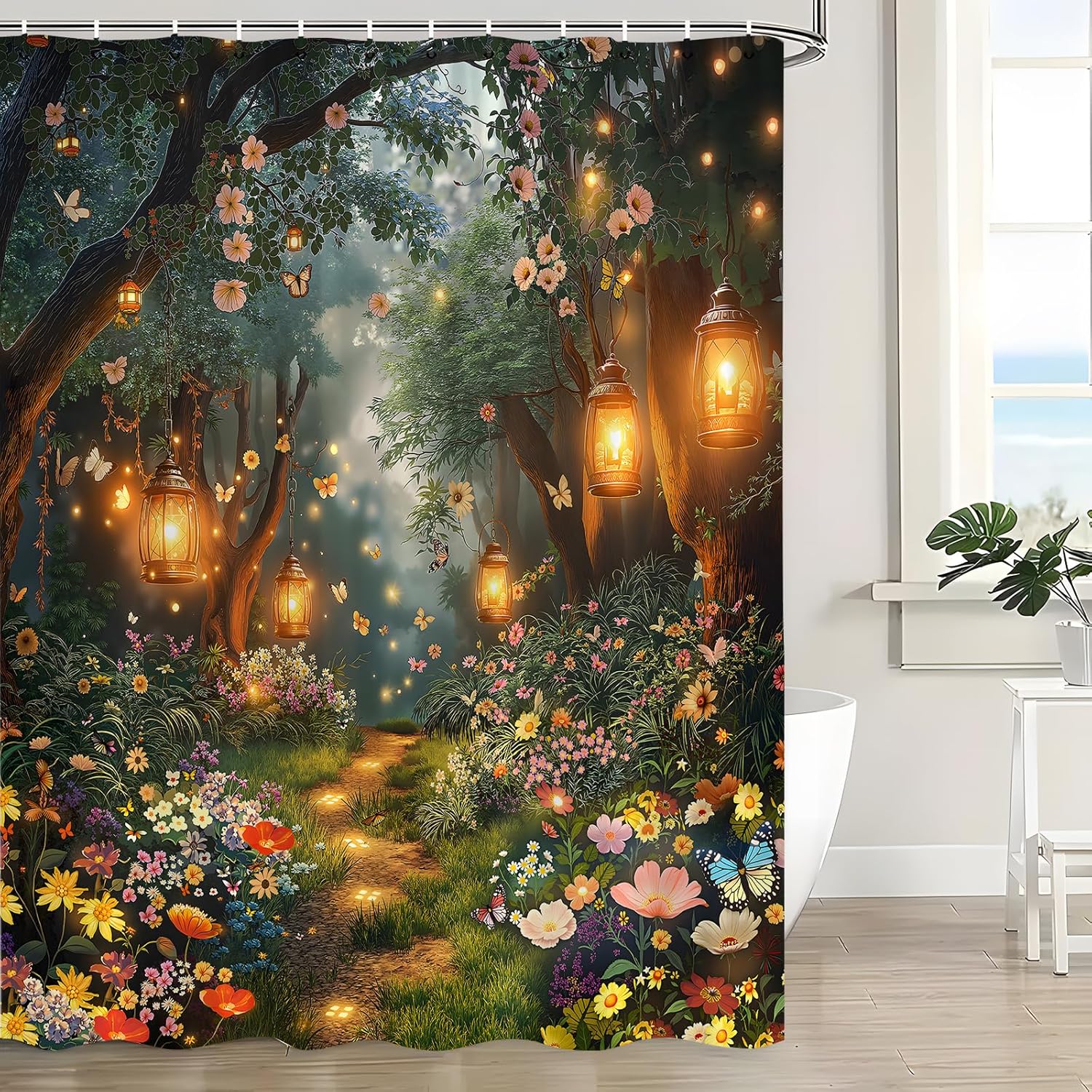 Enchanted Forest Shower Curtain for Bathroom Fantasy Misty Jungle Green Tree Colorful Floral Flower Butterfly Lantern Nature Scenic Polyester Fabric Bath Curtain 70 x 83 Inch