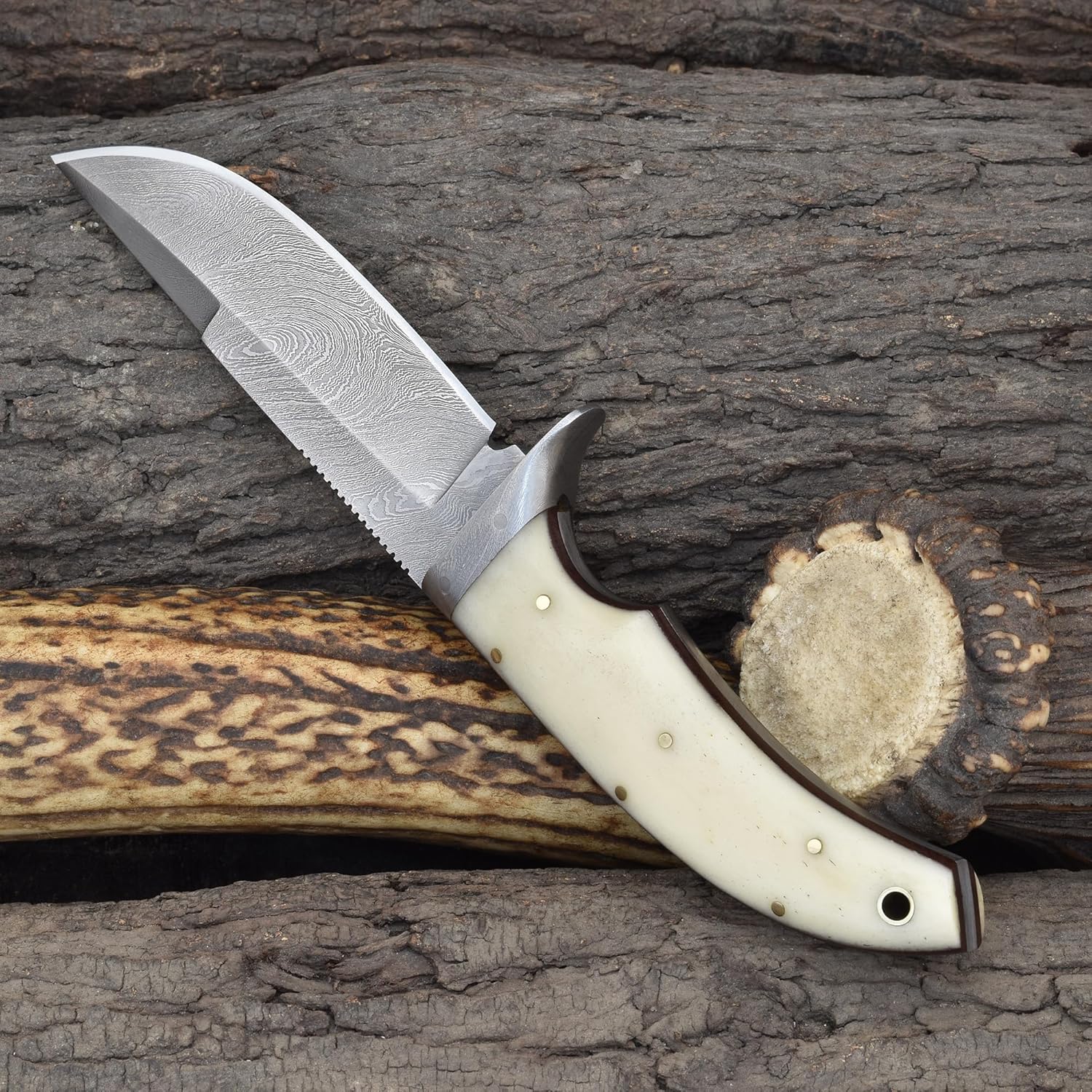 Knives Ranch Handmade 9" Hunting Knife - Excellent Edge Retention - Great for Camping & Bushcrafts - Cattle Bone Handle with Finger Guard Heavy Duty Leather Sheath (2131)